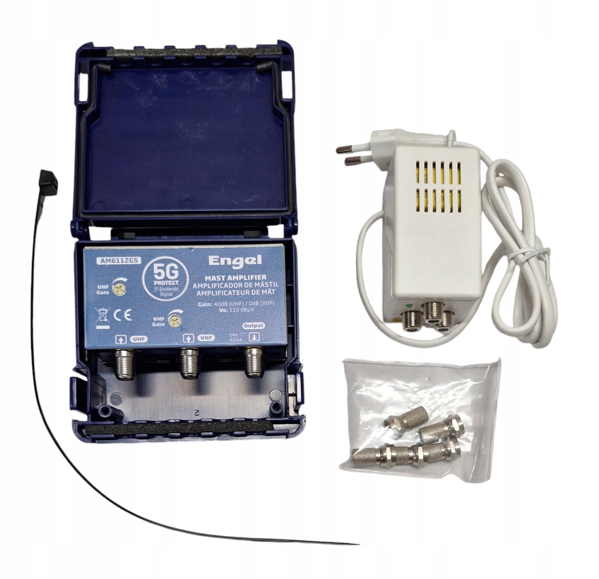 Mast TV Signal Amplifier Engel AM6112K5 UHF-VHFmix 40dB + Power Supply