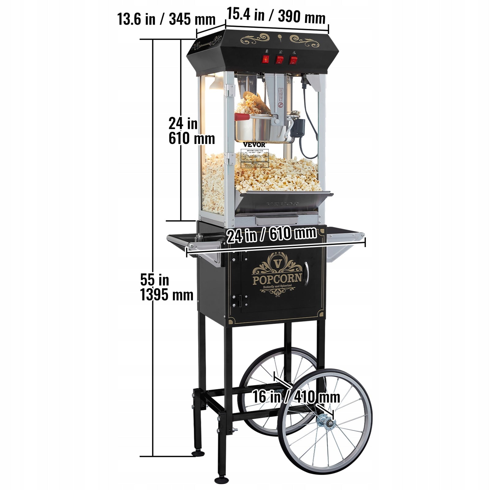 Maszyna Do Popcornu Czarny 850W 8Oz 48 Filiżanek Z Wózkiem I Światła LED Brand Vevor