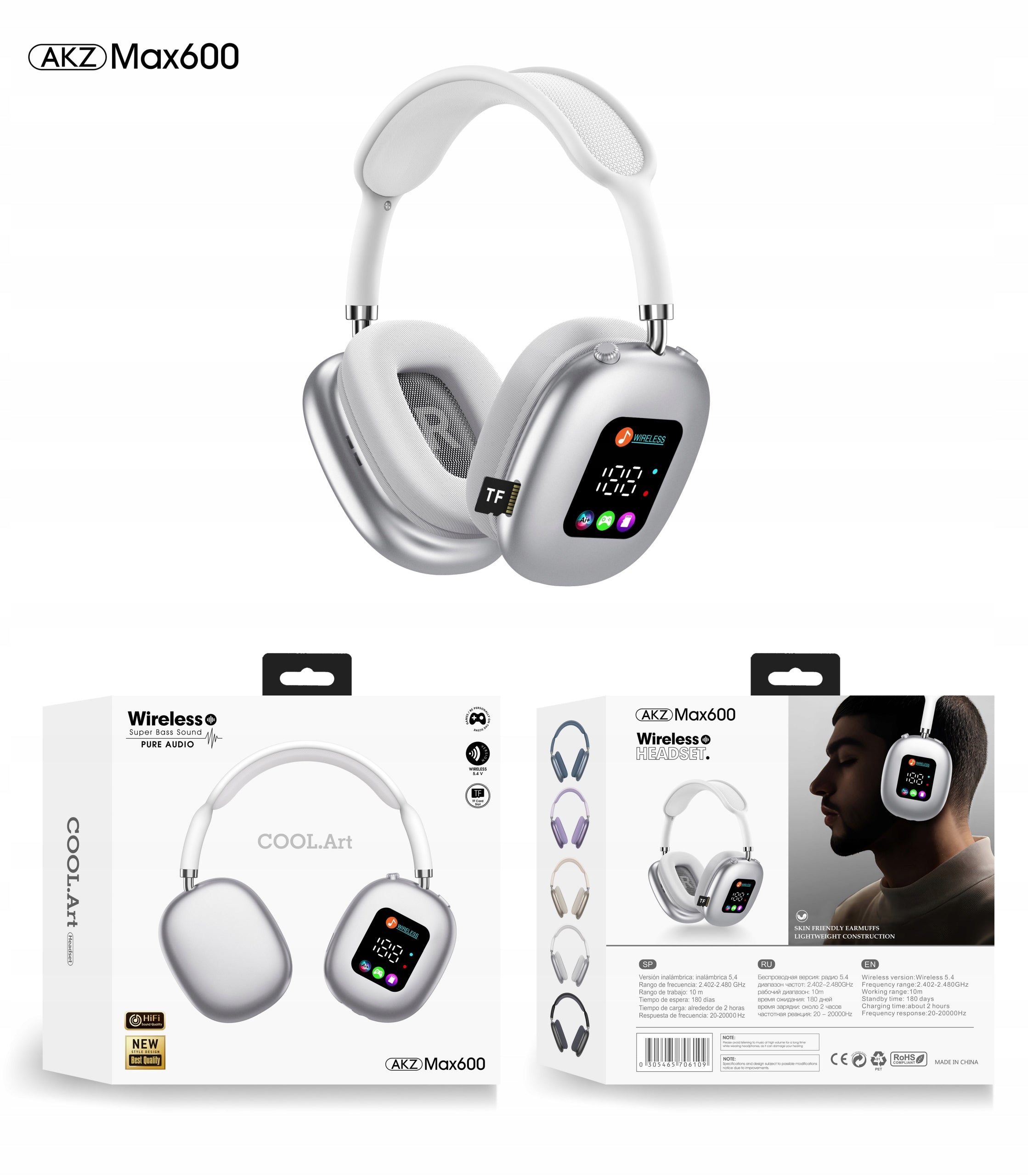 Max600 Wireless On-Ear Headphones Biały
