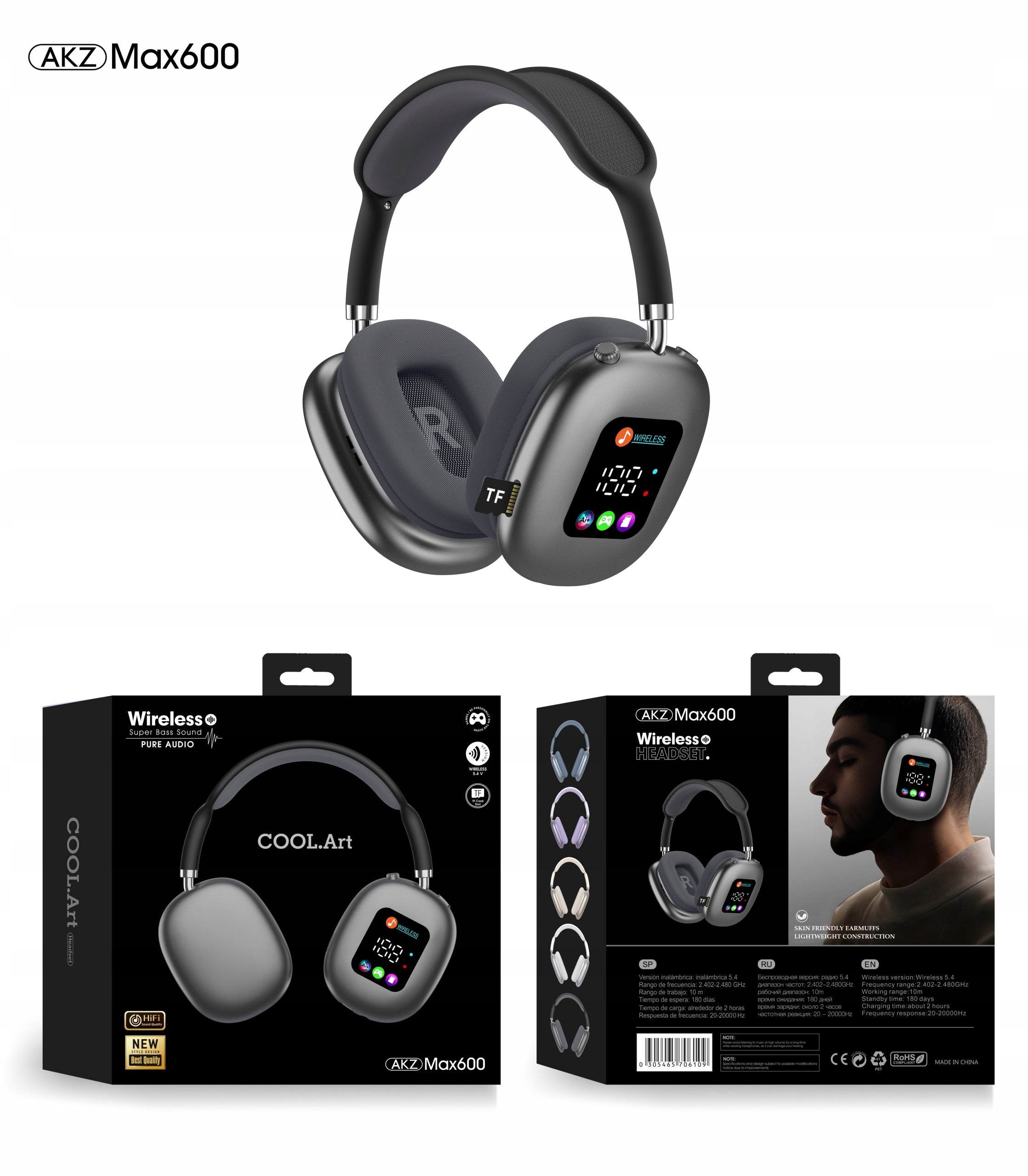 Max600 Wireless On-Ear Headphones Czarny