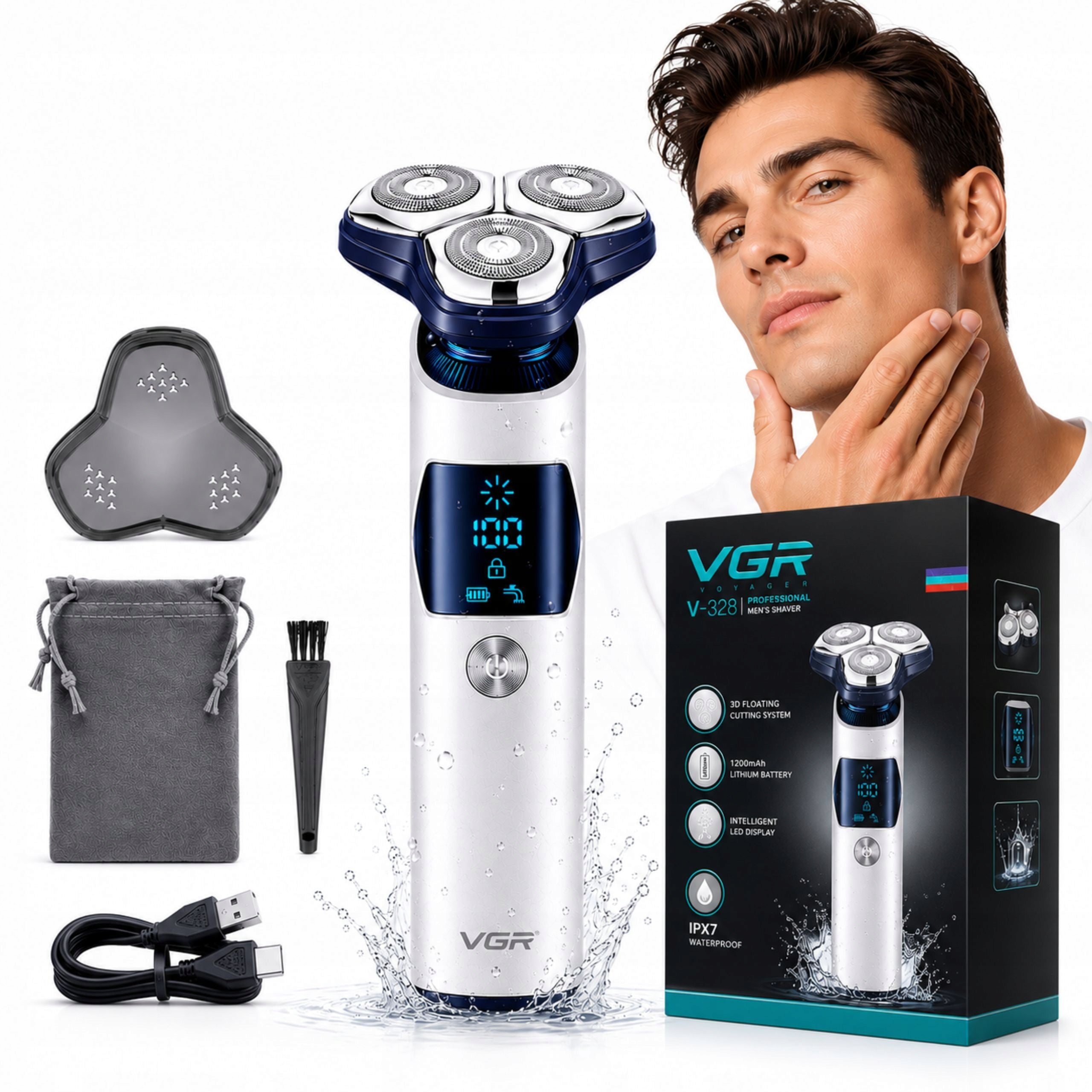 Men's Shaver VGR Waterproof Smooth Shaving 3 Heads USB LED 150 min