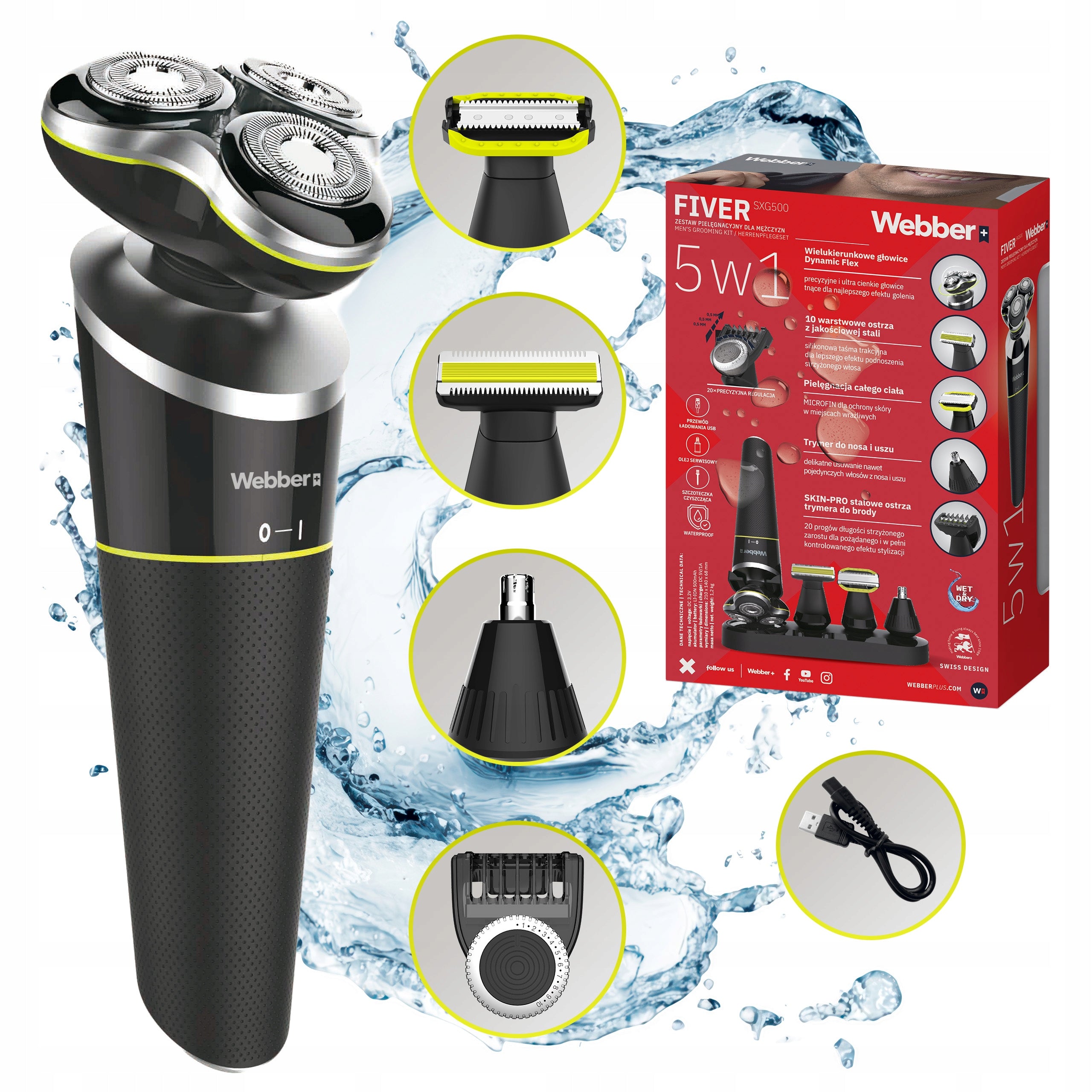 Men's Shaver Webber FIVER SXG500 Trimmer 5in1 Beard Nose Wet&Dry USB