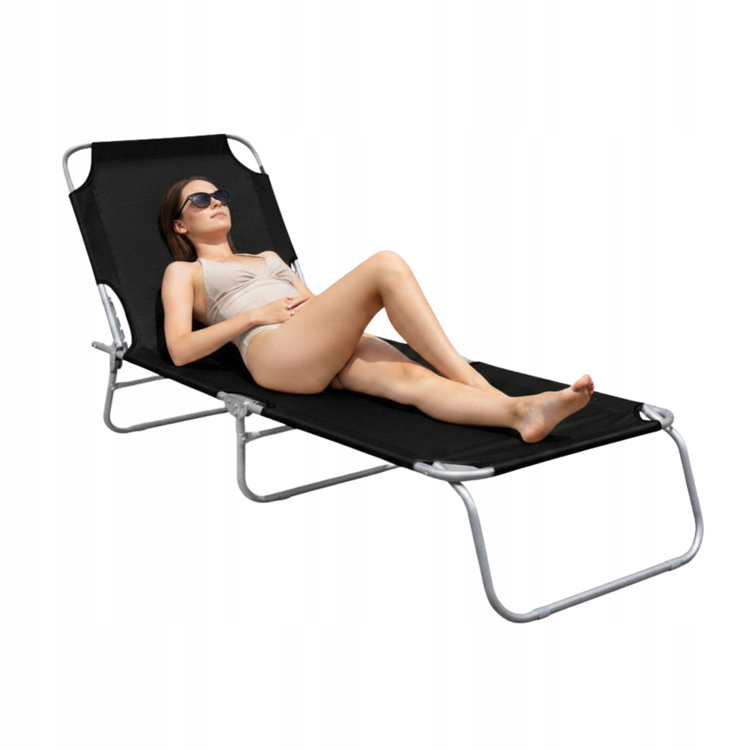 Metal Beach Lounger Garden Hiking Black Folding Adjustable 150kg