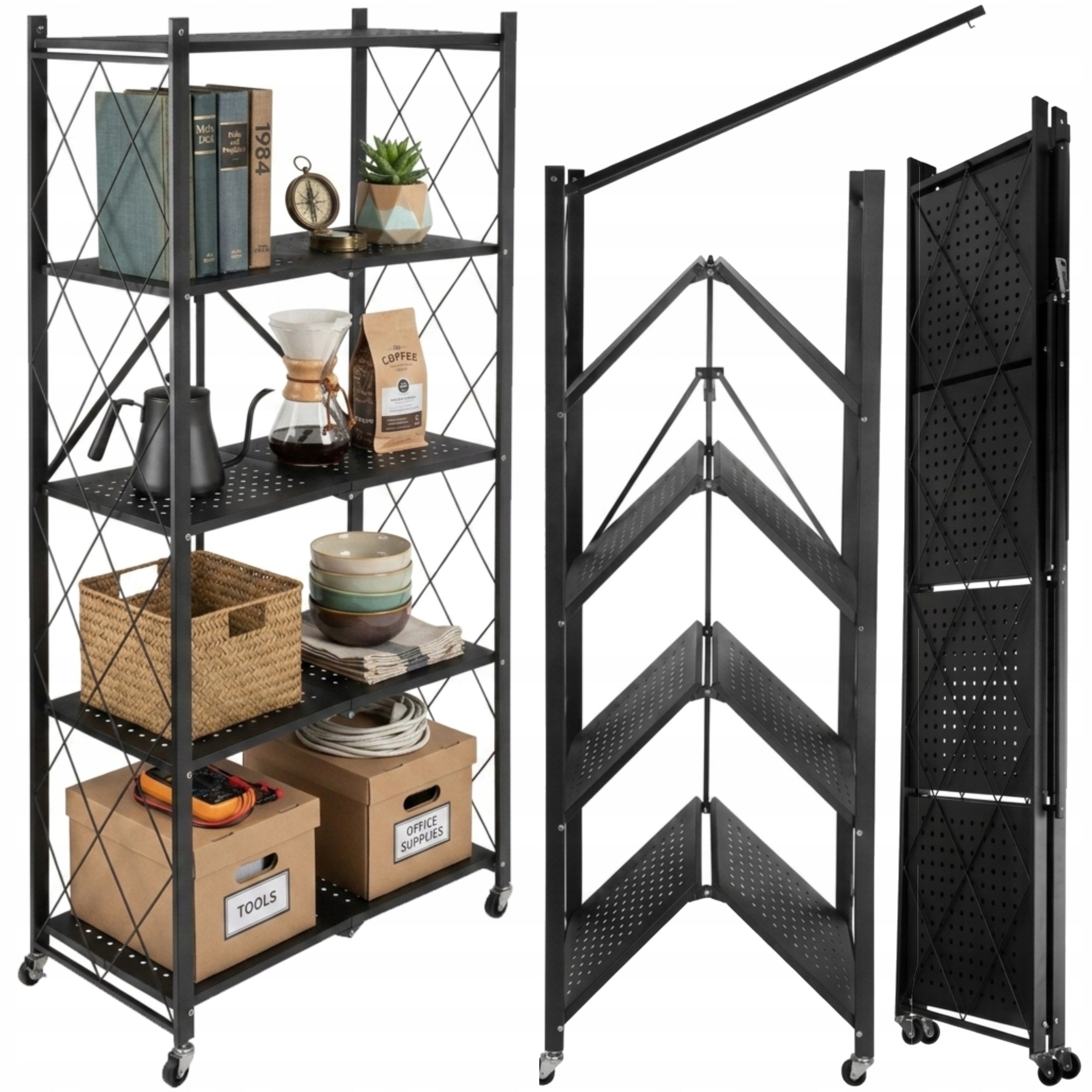 Metal Storage Rack Folding On Wheels Black 5 Shelves Mobile Loft