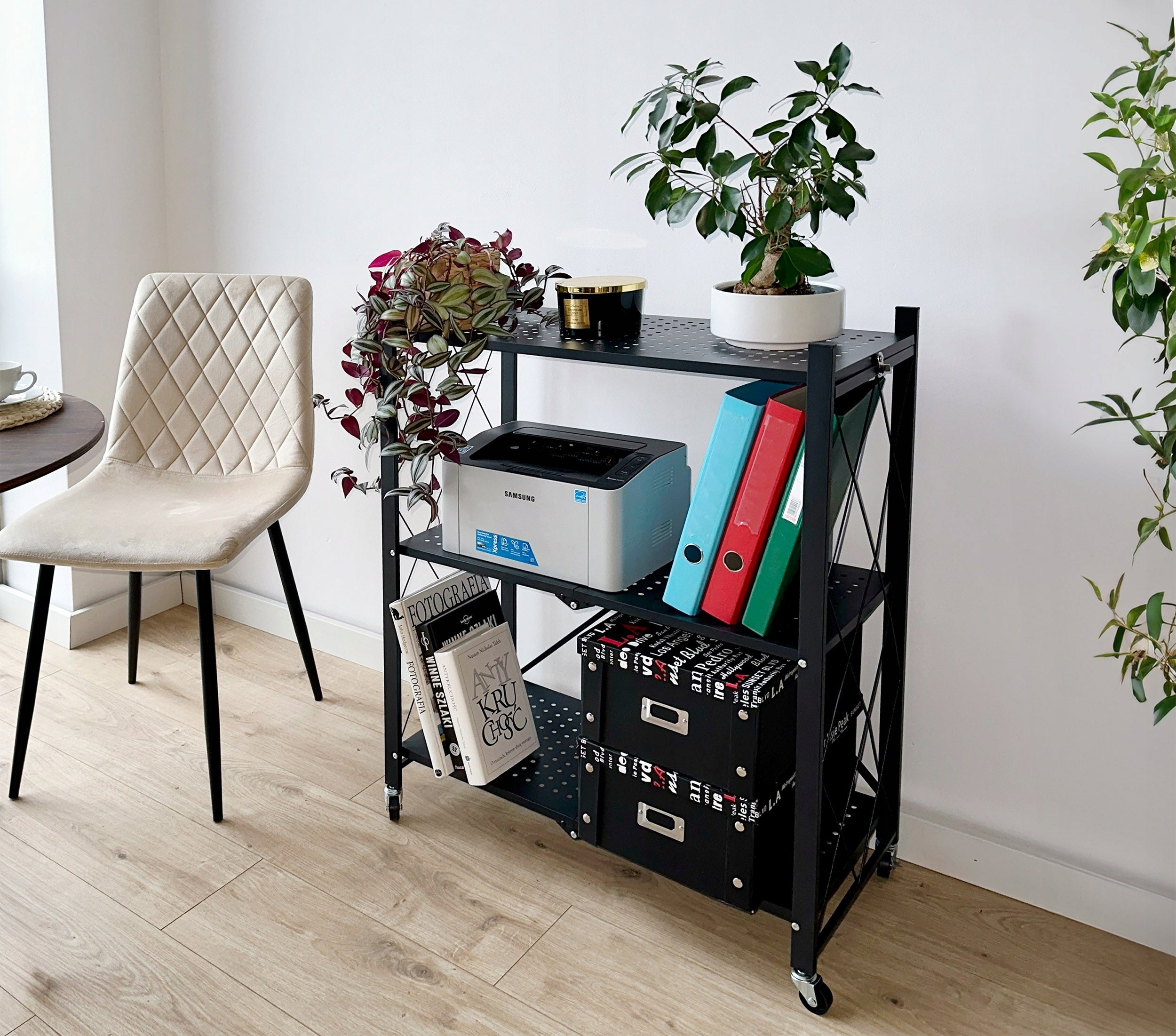 Metal Storage Rack Folding On Wheels Black Mobile Loft Shelves Packaging status original
