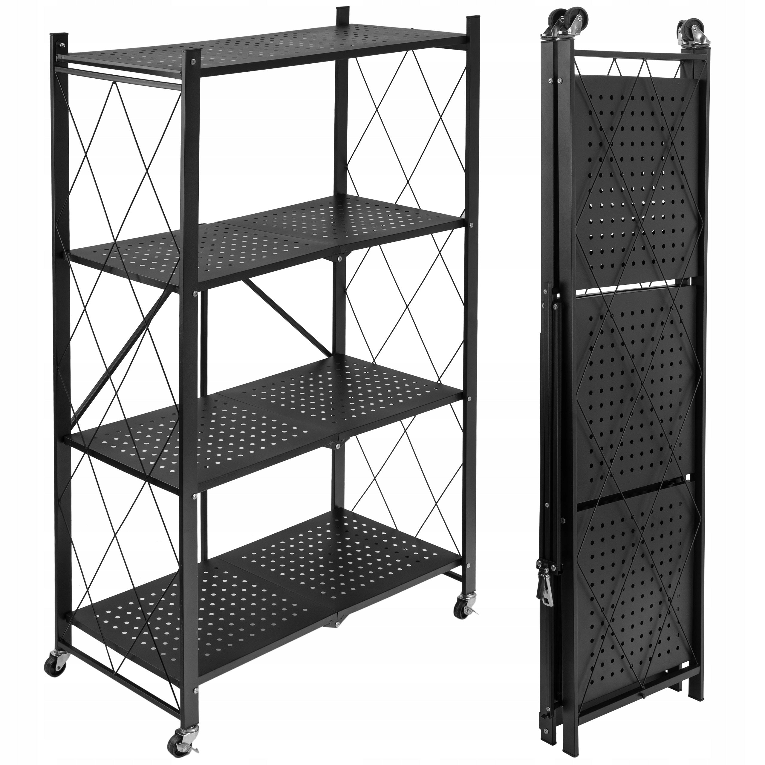Metal Storage Rack On Wheels Folding Black 4 Shelves Mobile Loft