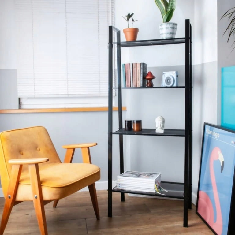 Metal rack black 148x61,8 cm 4 shelves with openwork mesh Furniture color black