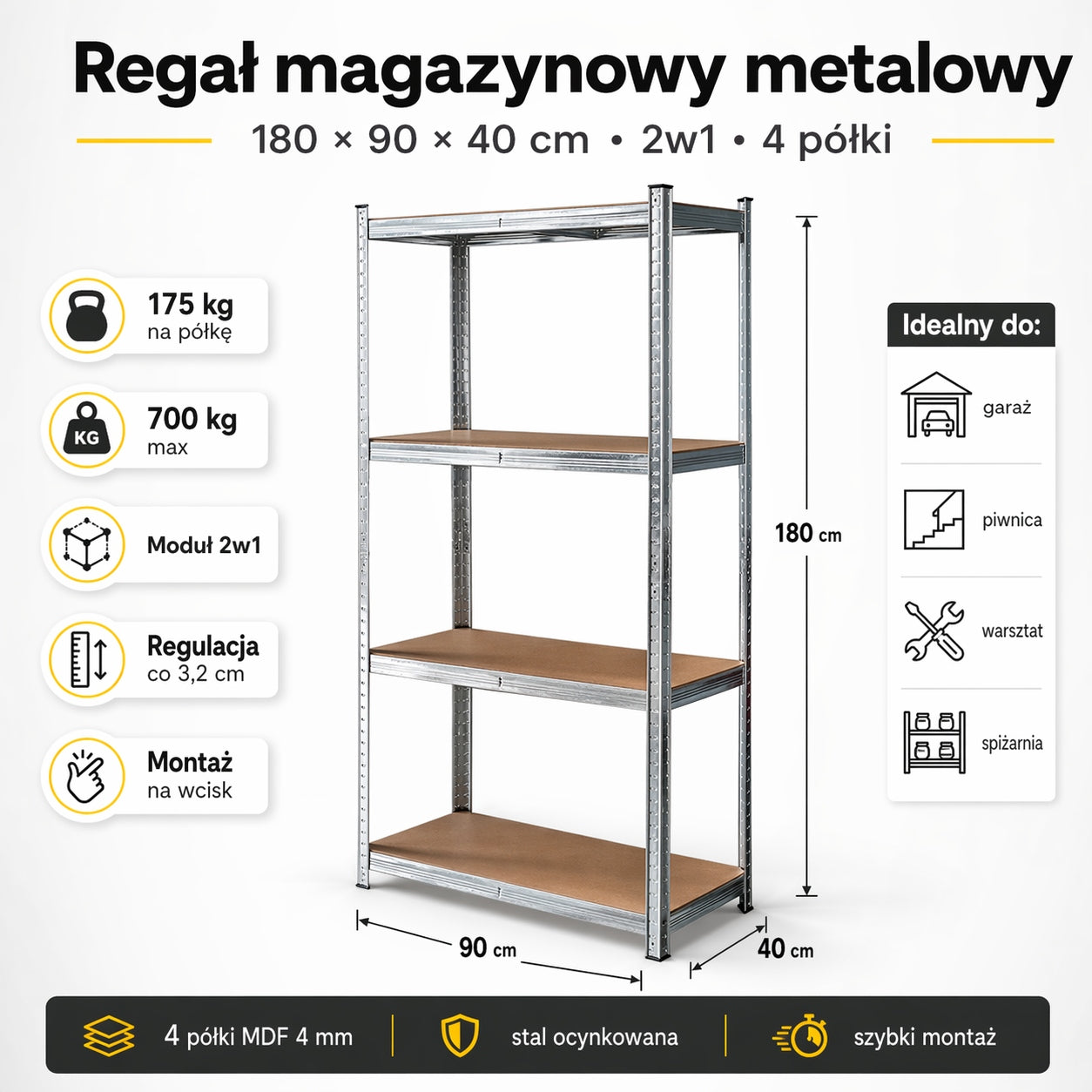 Metal storage rack 2in1 180x90x40cm 4 shelves MDF 700kg garage basement Packaging status original