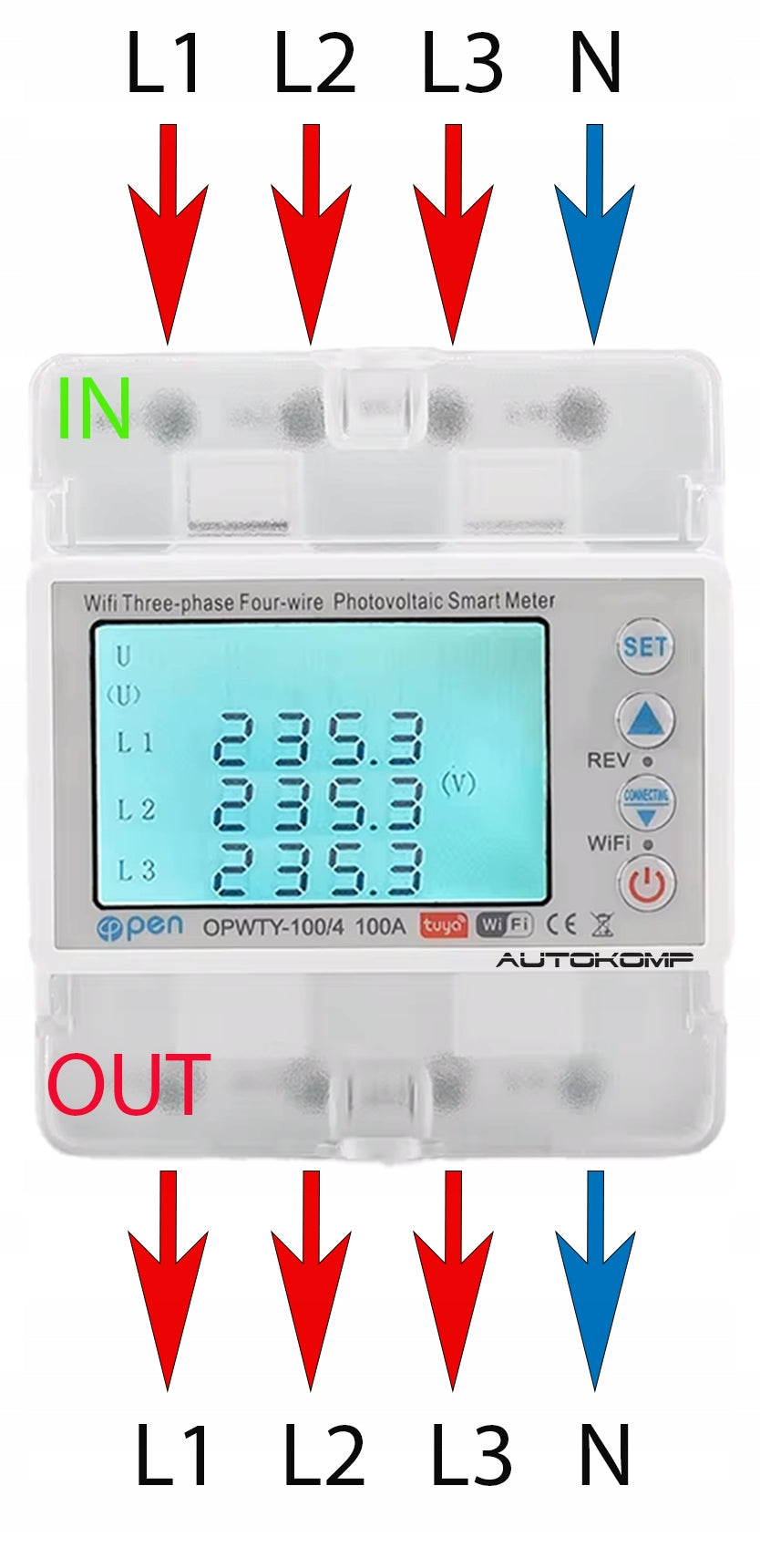 Meter Current Energy Meter 3 Phases 100A 400V TUYA WiFi DIN 2-Direction PV Manufacturer code AU0074 Autokomp OPWTY-100/4 100A TUYA WI-FI
