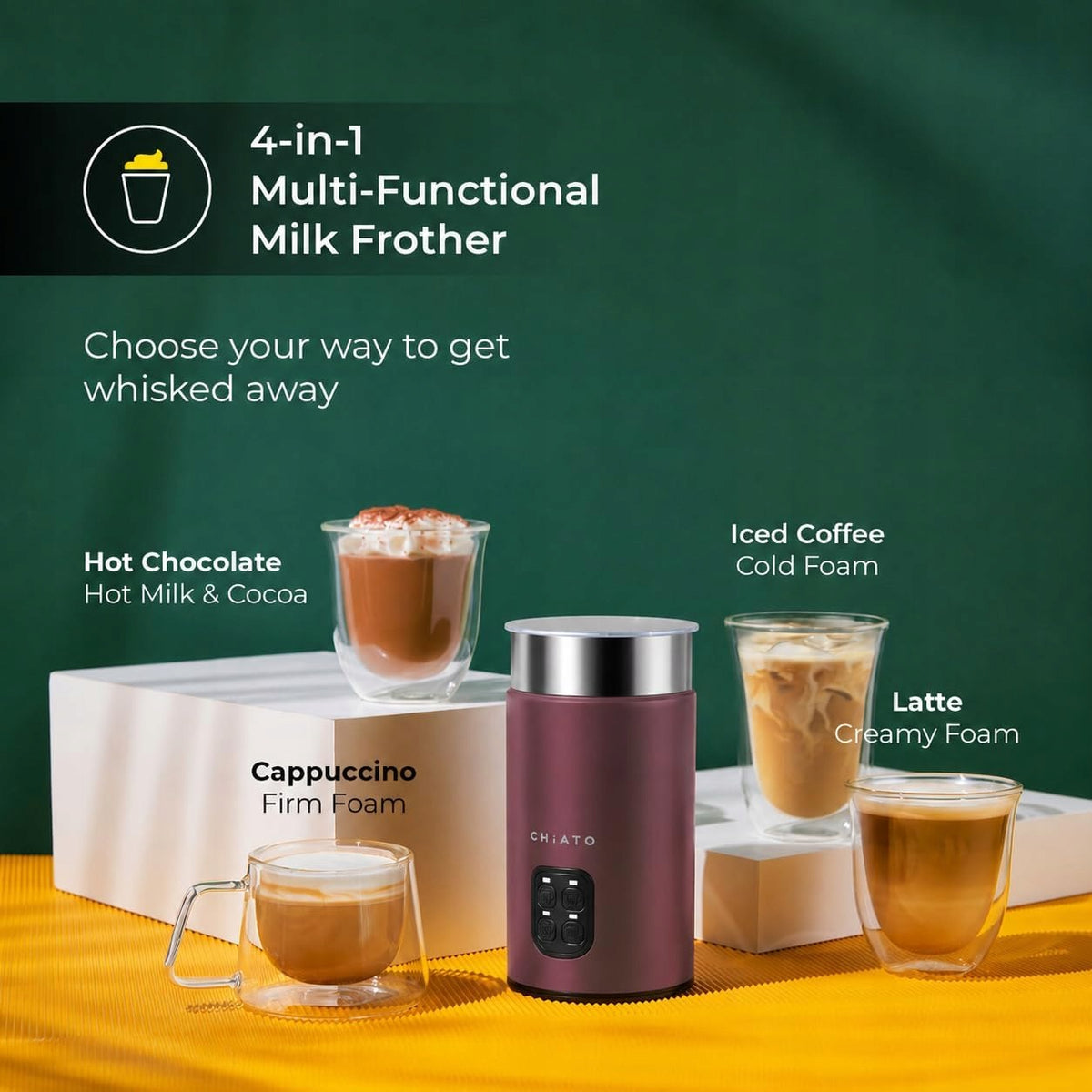 Milk frother 4 in 1 240 ml 450 W stainless steel burgundy Brand CHiATO
