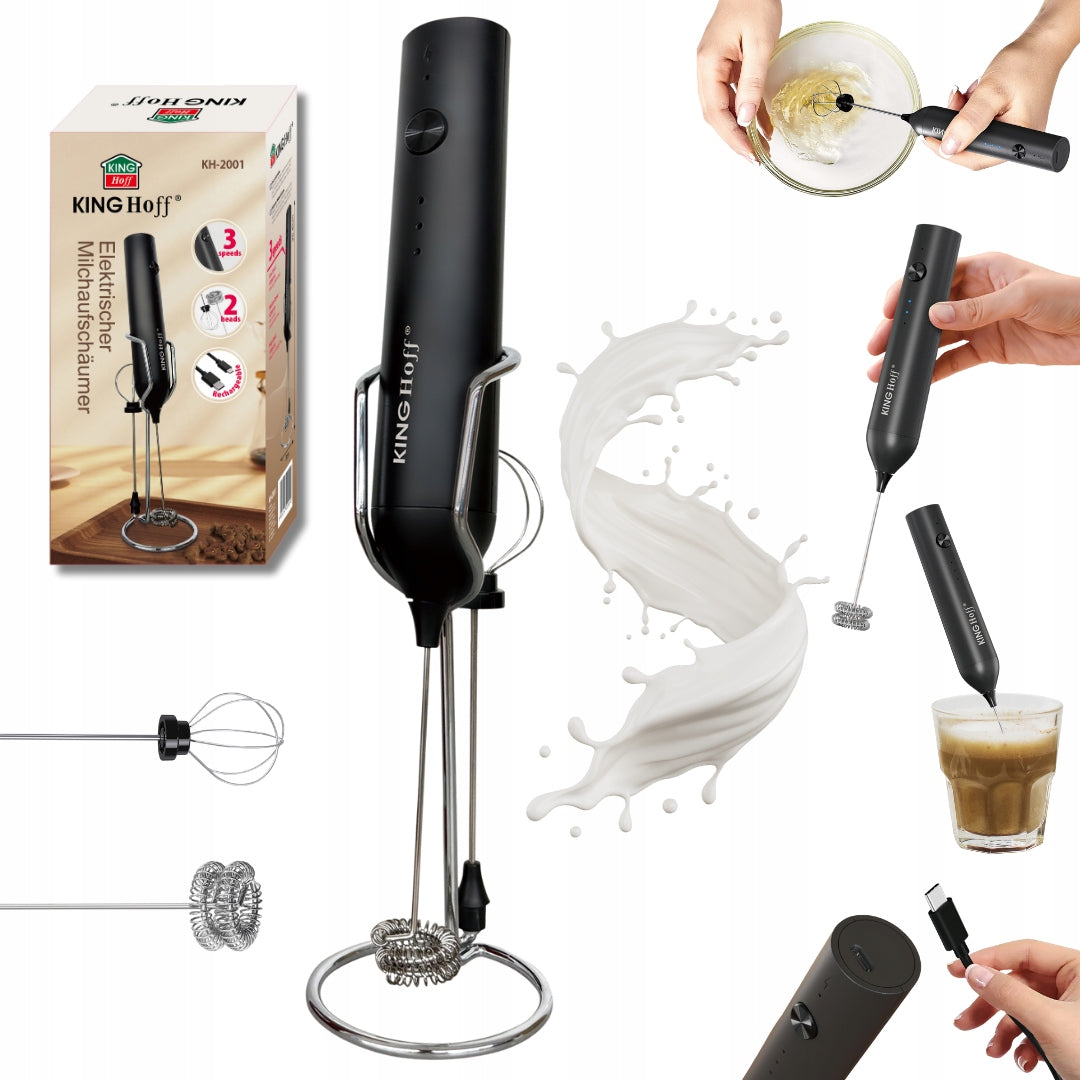 Milk frother USB-C 3 speeds 2 tips stand Rechargeable KINGHoff