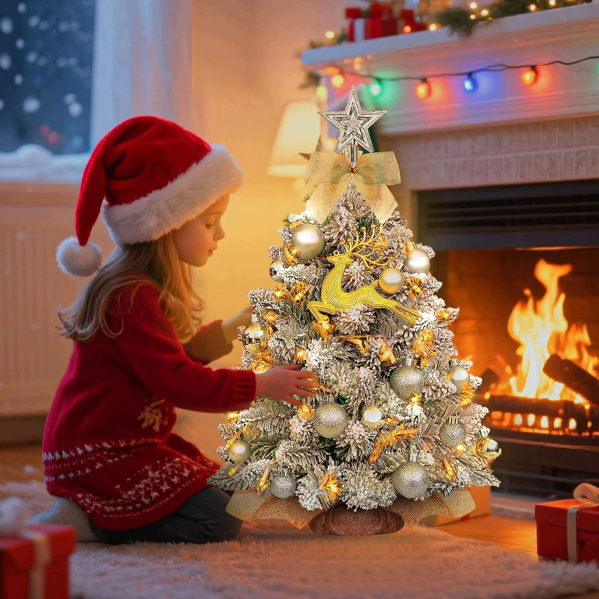 Mini Christmas Tree Artificial 60 cm LED Snow Flocked with 19 Ornaments Brand no brand