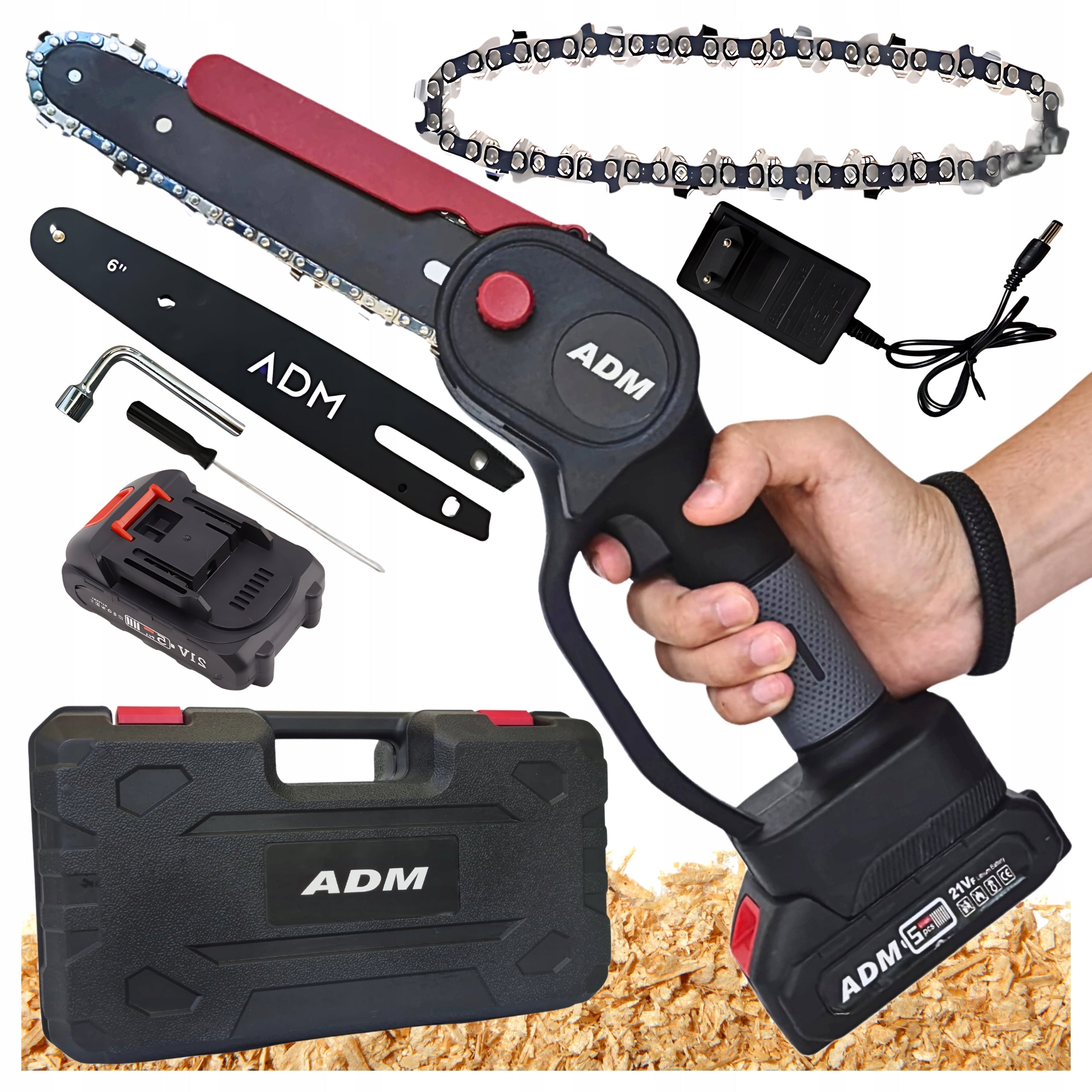 Mini cordless chainsaw adm 4”/6” 6 m/s 1,5 ah 1× aku suitcase Manufacturer code Mini piła łańcuchowa ADM czerwona