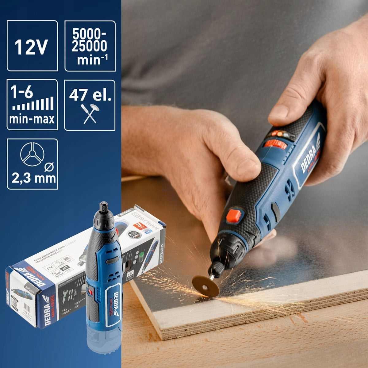 Mini cordless grinder 12V DEDRA MAUS + accessories 47 pieces body Power supply type rechargeable battery