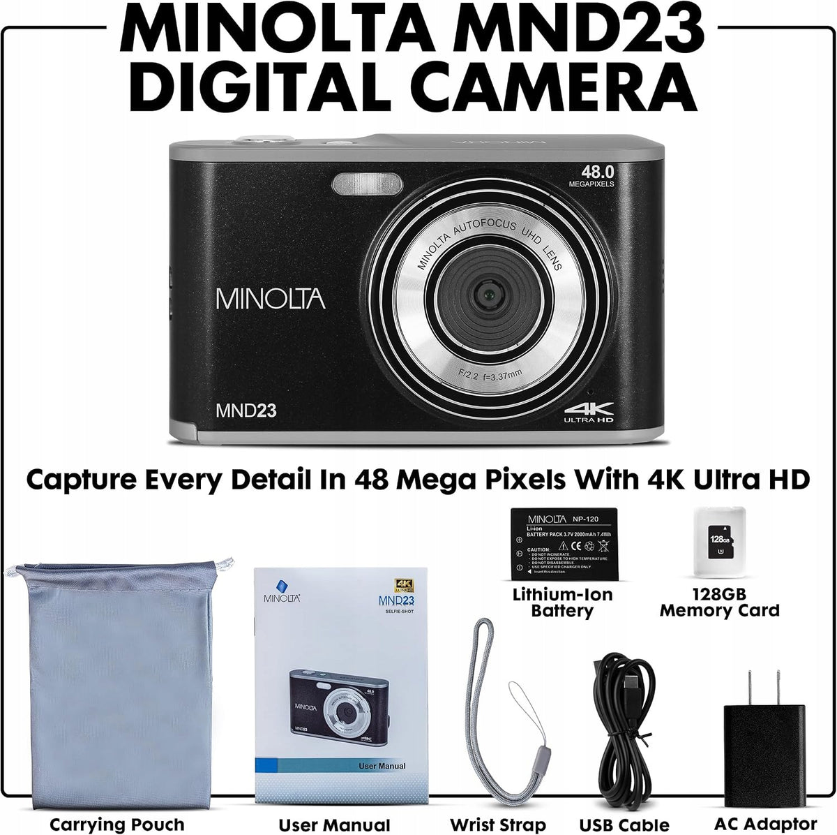 Minolta MND23 4K Selfie Digital Camera - Сblack Manufacturer code MND23-BK-128
