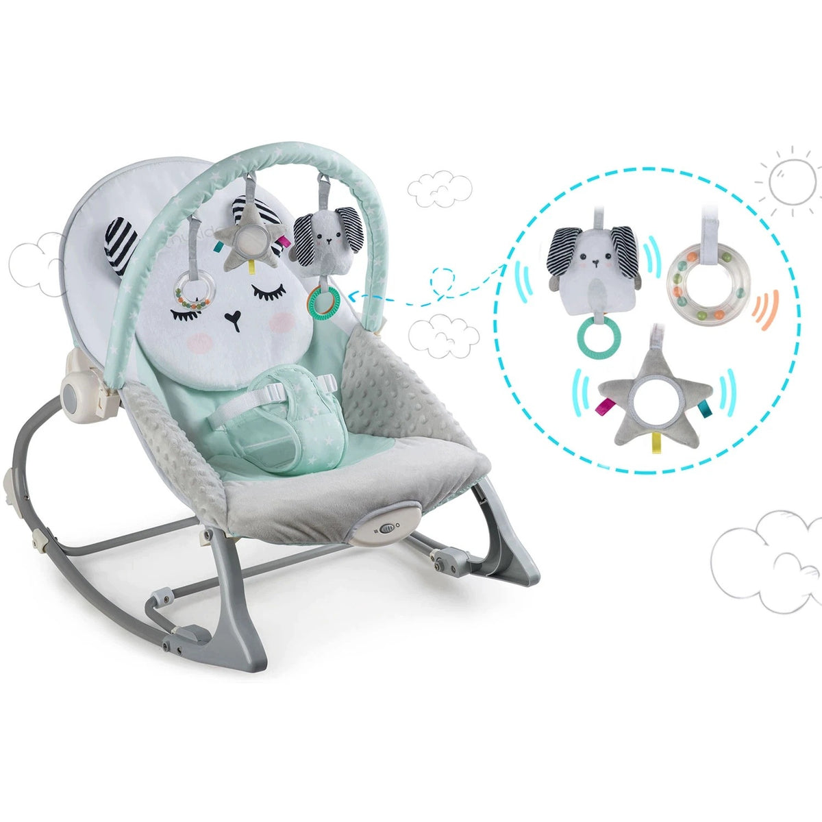 Mint rocker lounger with vibration and toy headband Packaging status original