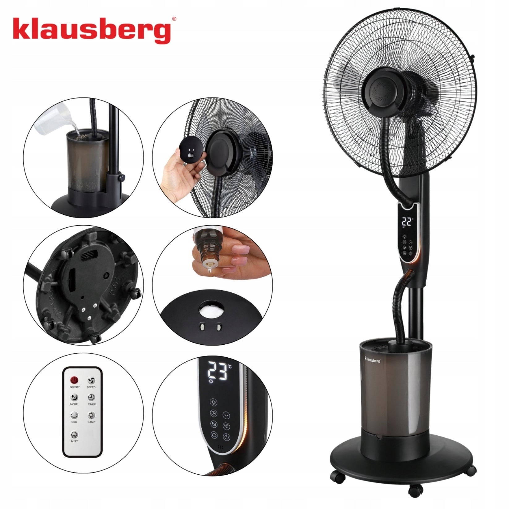 Mist fan with humidifier KLAUSBERG KB-9034 16" LED 5L remote timer Functions air humidification oscillation automatic oscillation tilt angle adjustment height adjustment timer