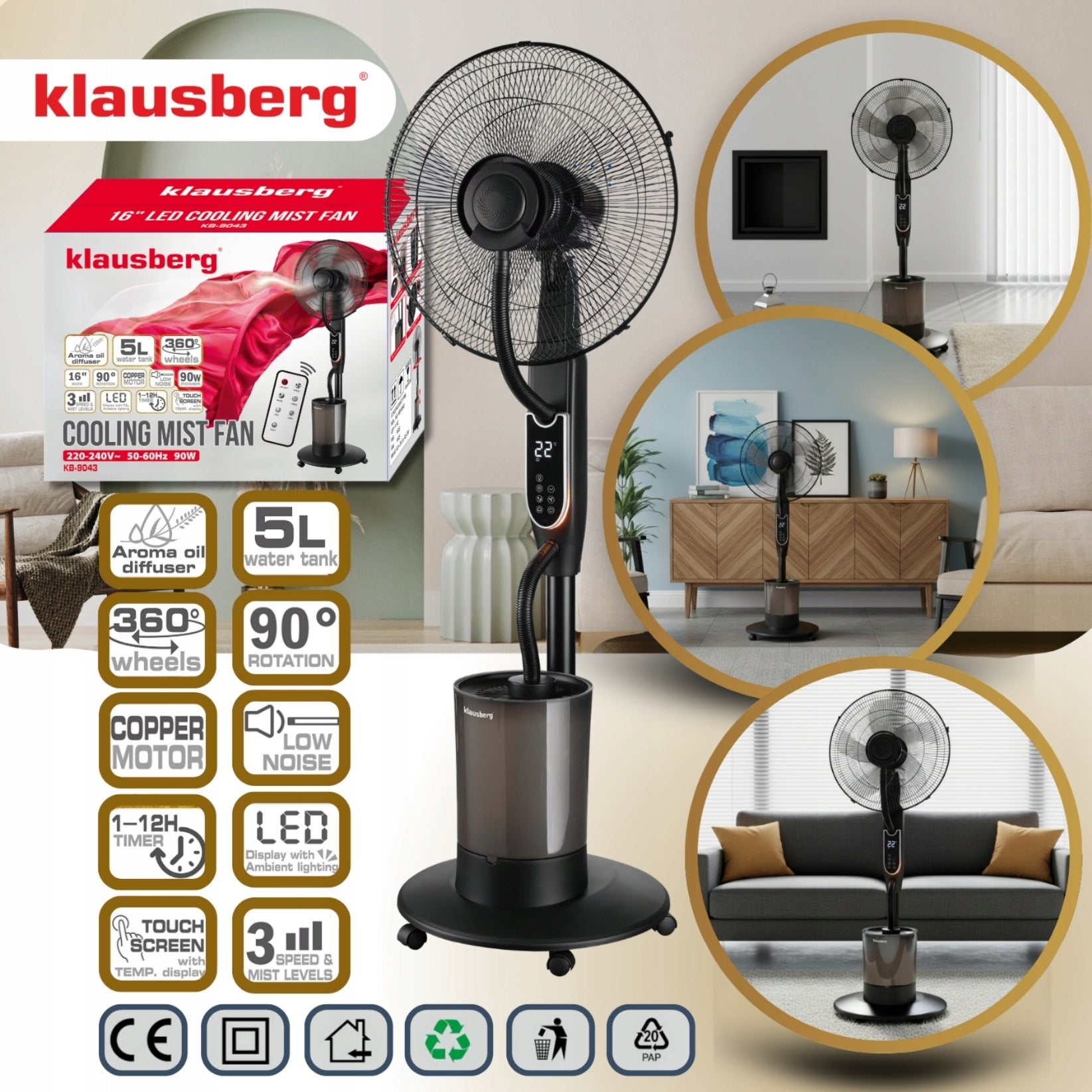 Mist fan with humidifier KLAUSBERG KB-9034 16" LED 5L remote timer Manufacturer code KB-9043