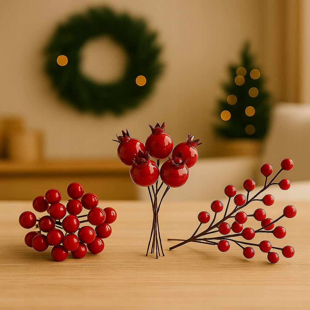 Mix of red decorations on wires – berries, balls, wild rose Manufacturer code Mix czerwonych dekoracji na drucikach