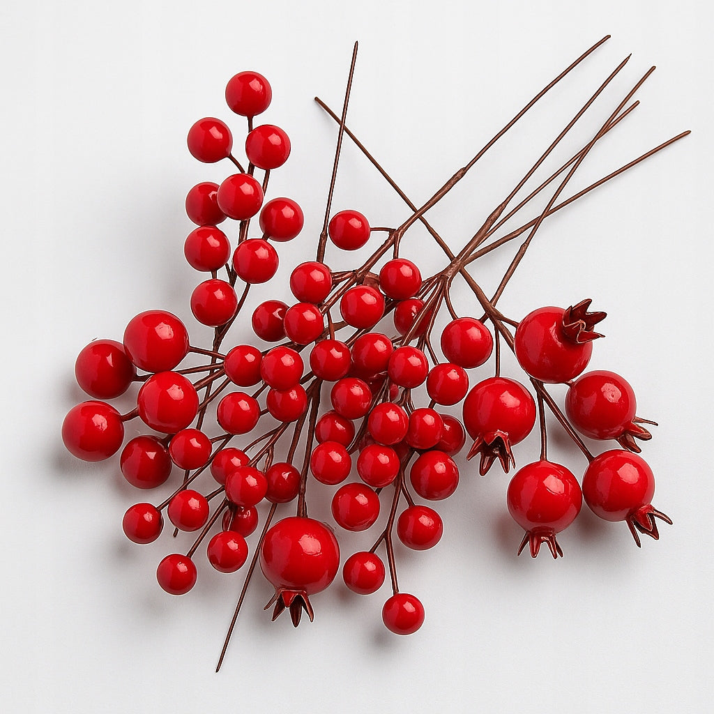 Mix of red decorations on wires – berries, balls, wild rose