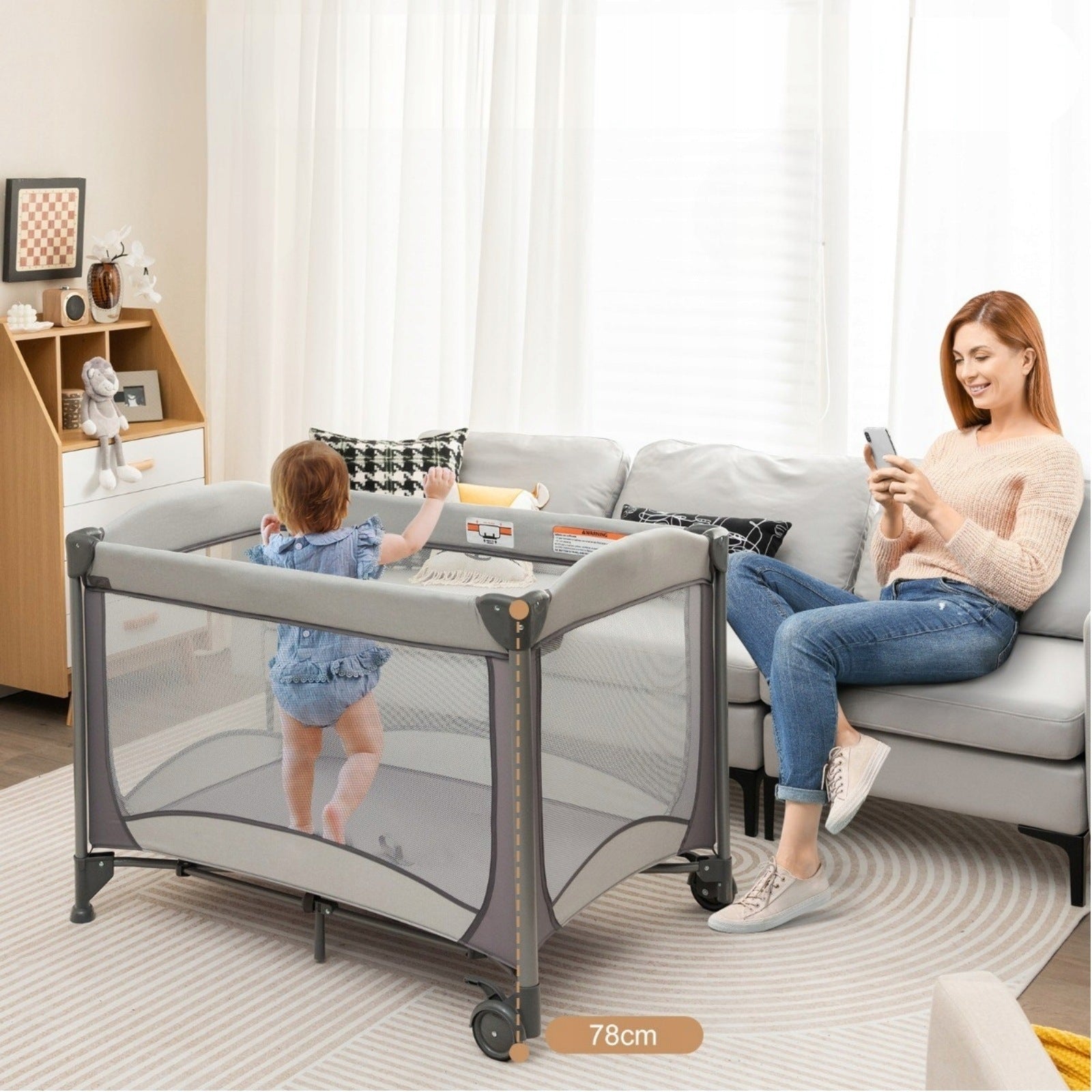 Mobile Baby Cot with Changing Table and Crib Playpen for Kids Brand Costway