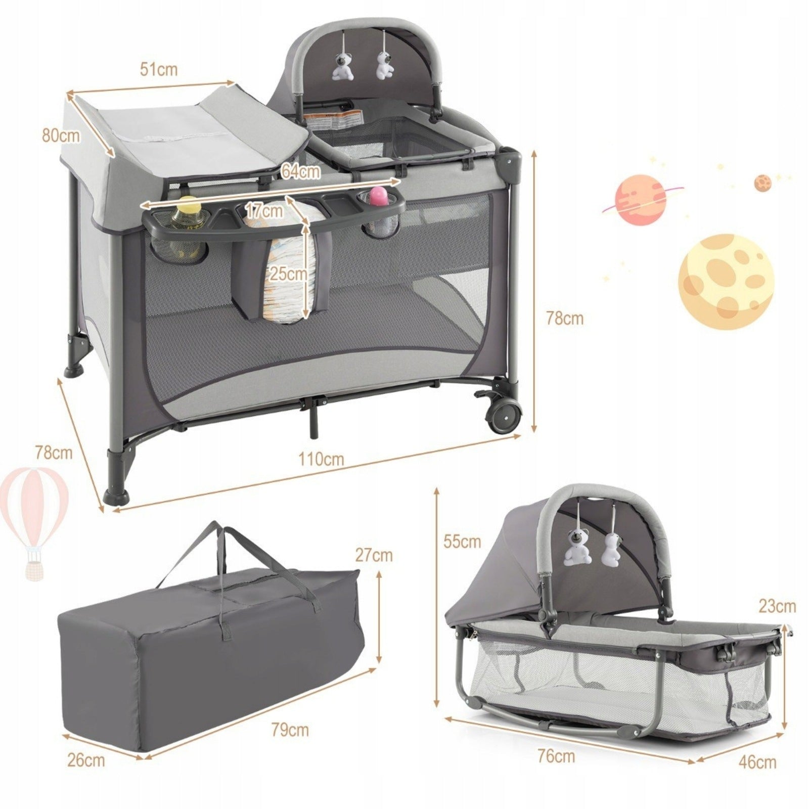 Mobile Baby Cot with Changing Table and Crib Playpen for Kids Medical device no