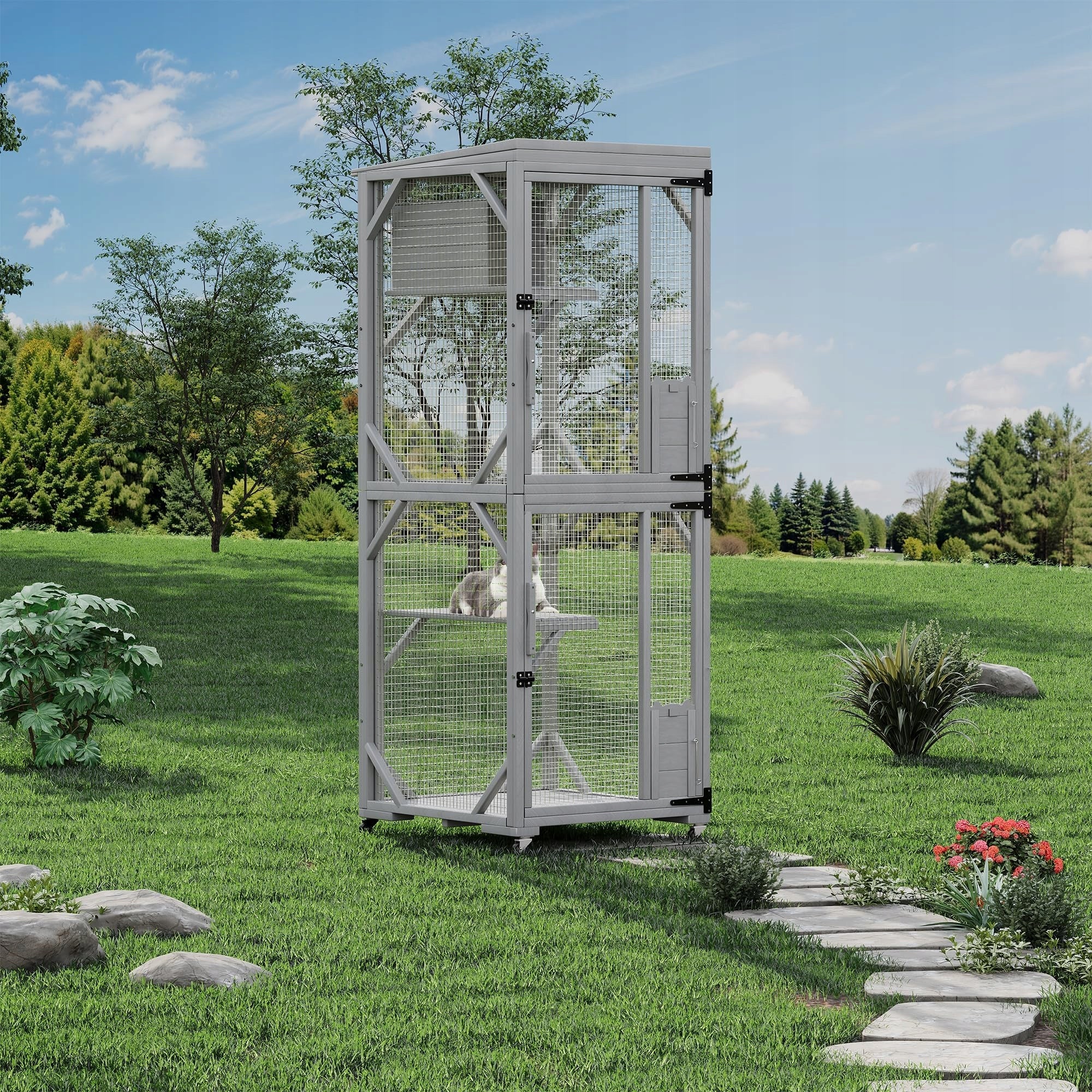 Mobile Catio on Wheels 2-Story Wooden Cat Enclosure 190 x 82 x 81 cm Packaging status original