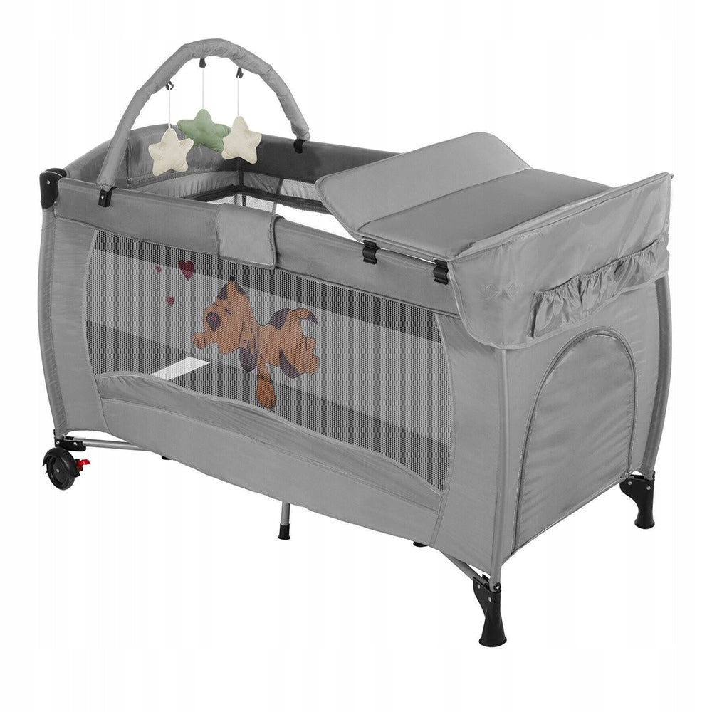 Mobile Travel Cot Folding With Changing Table and Bridge Grey