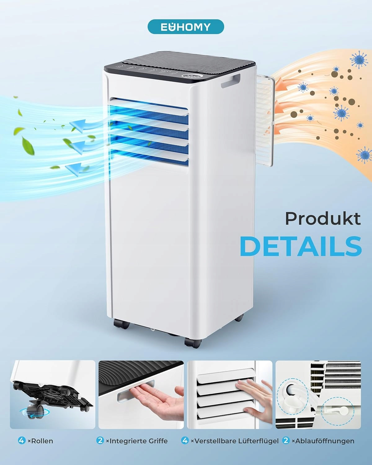 Mobile air conditioner EUHOMY 9000 BTU with exhaust hose, quiet operation DESCRIPTION Manufacturer code 850070202602