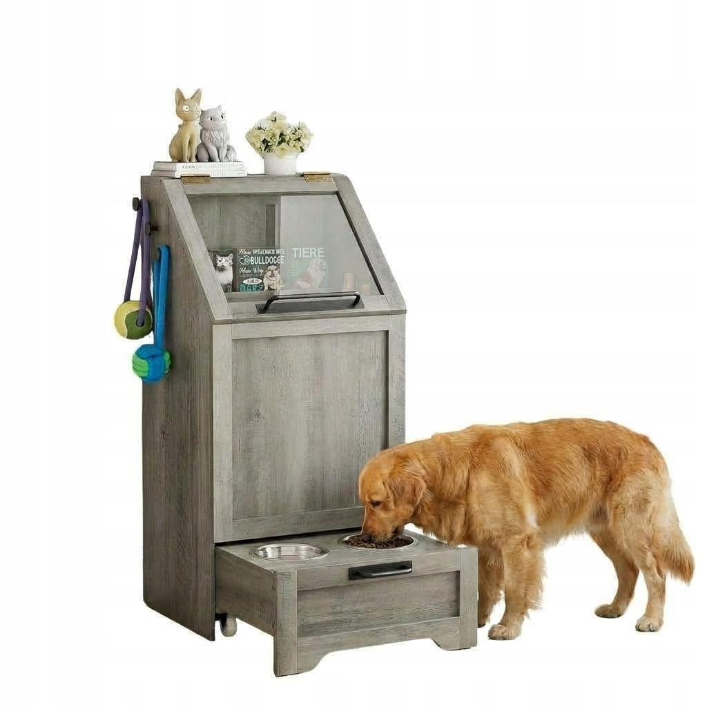Modern Dog and Cat Feeding Station with Storage, 2 Raised Bowls