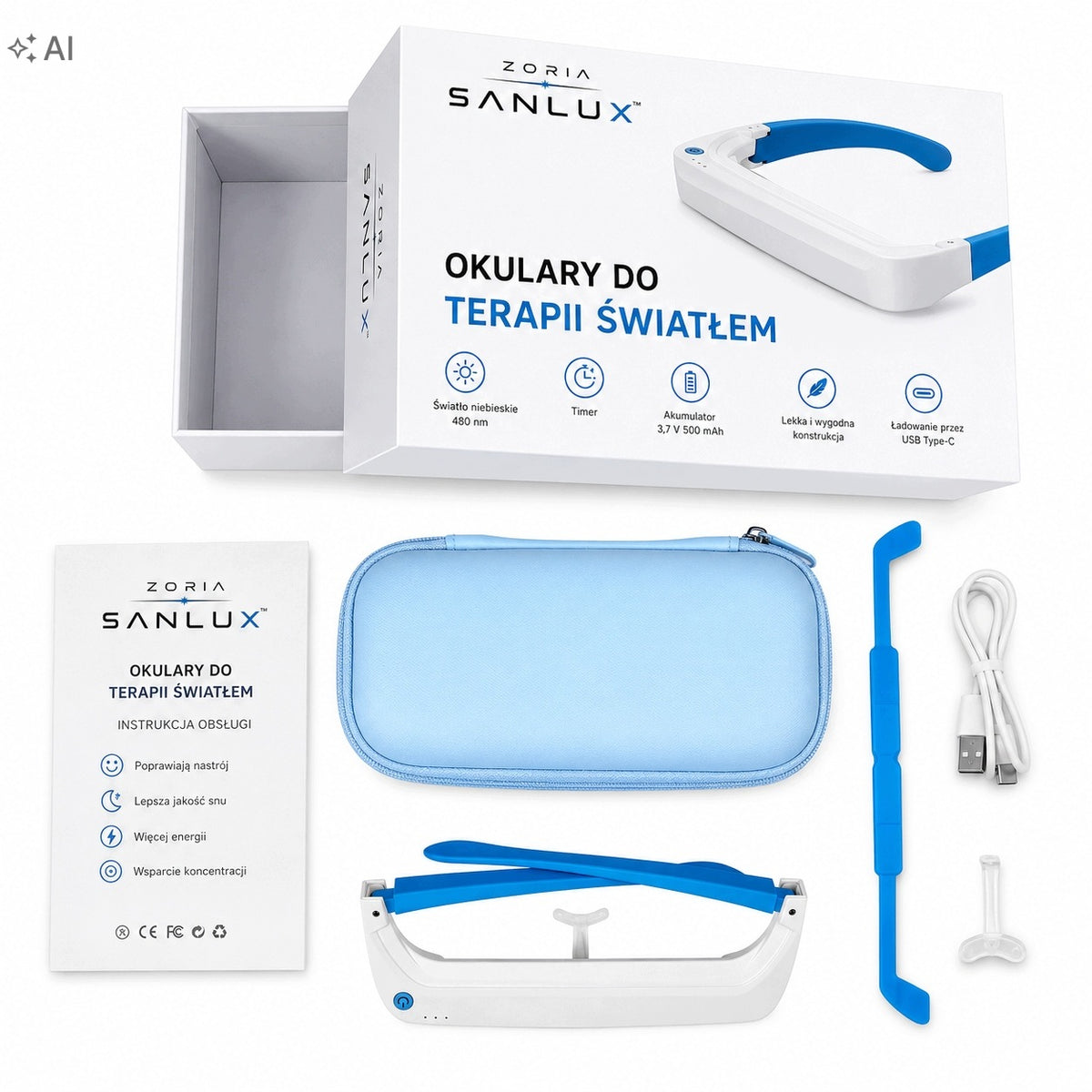 Modern glasses for light therapy 480 nm ZORIA SANLUX - more light