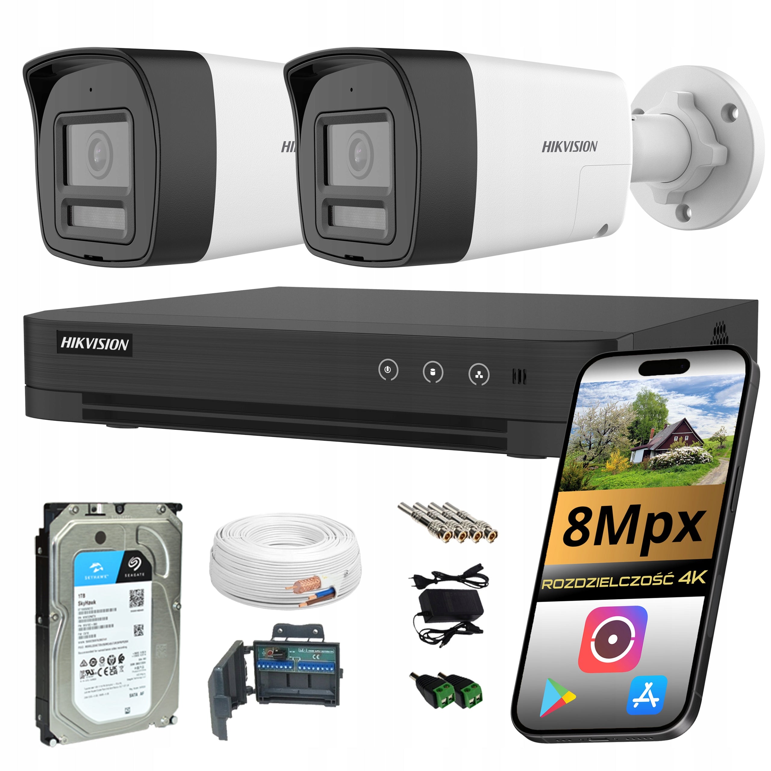 Monitoring Kit 2 Cameras hikvision 4K 8Mpx LED IR Lighting 1TB Drive
