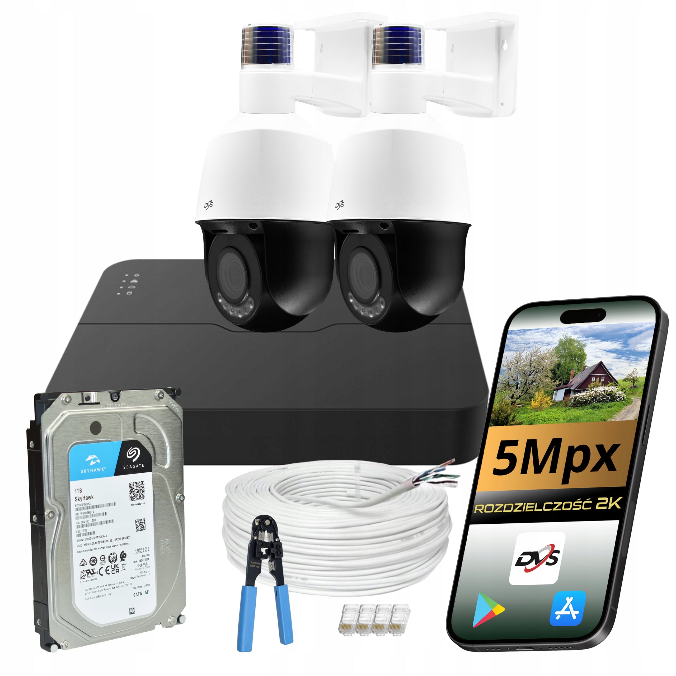 Monitoring Kit 2x Outdoor IP POE Rotary Camera 5Mp SMART AI 1TB