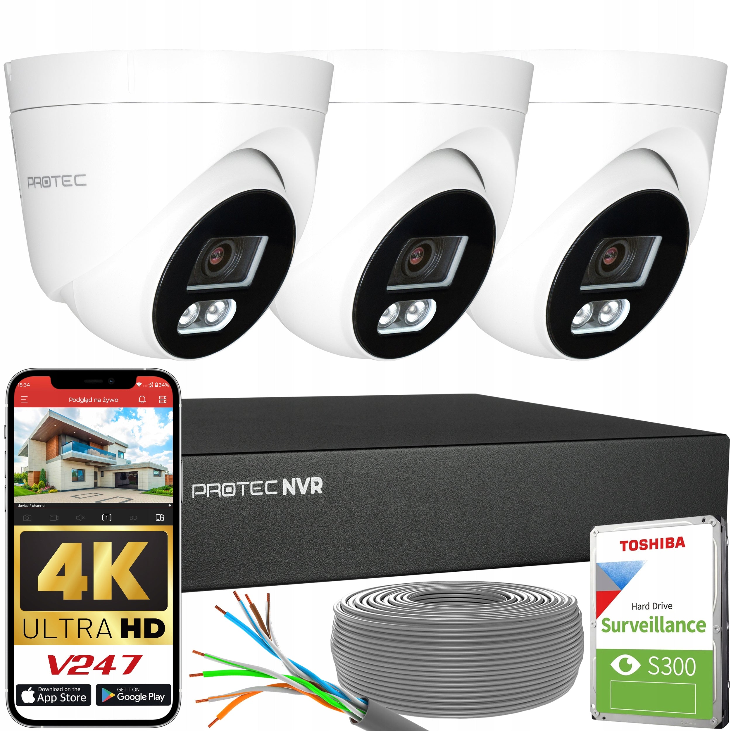 Monitoring Kit 3 IP Cameras 8MP 4K POE Detection People HDD