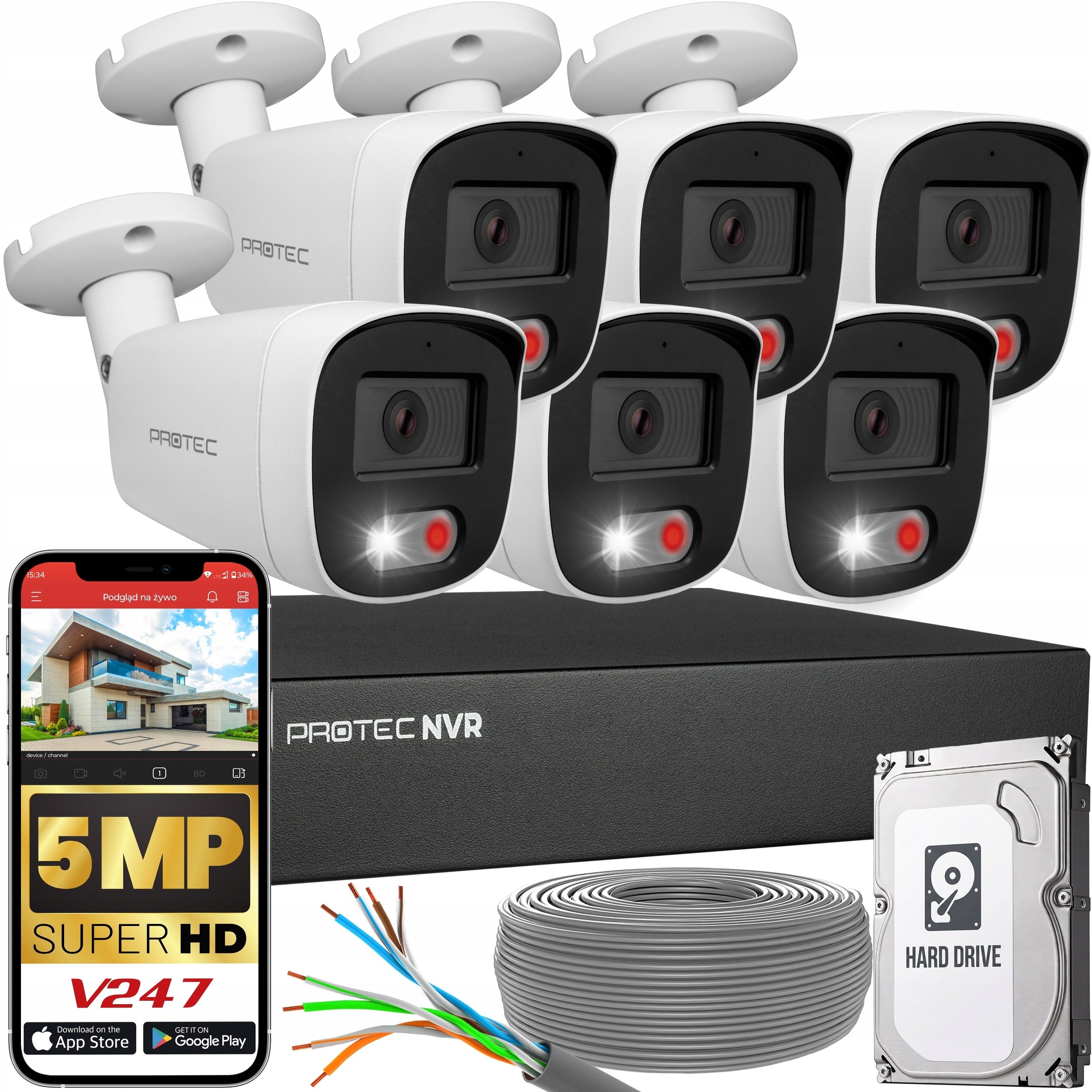Monitoring Kit 6 IP PoE Cameras Full Color People Detection 5Mpx HDD 4TB