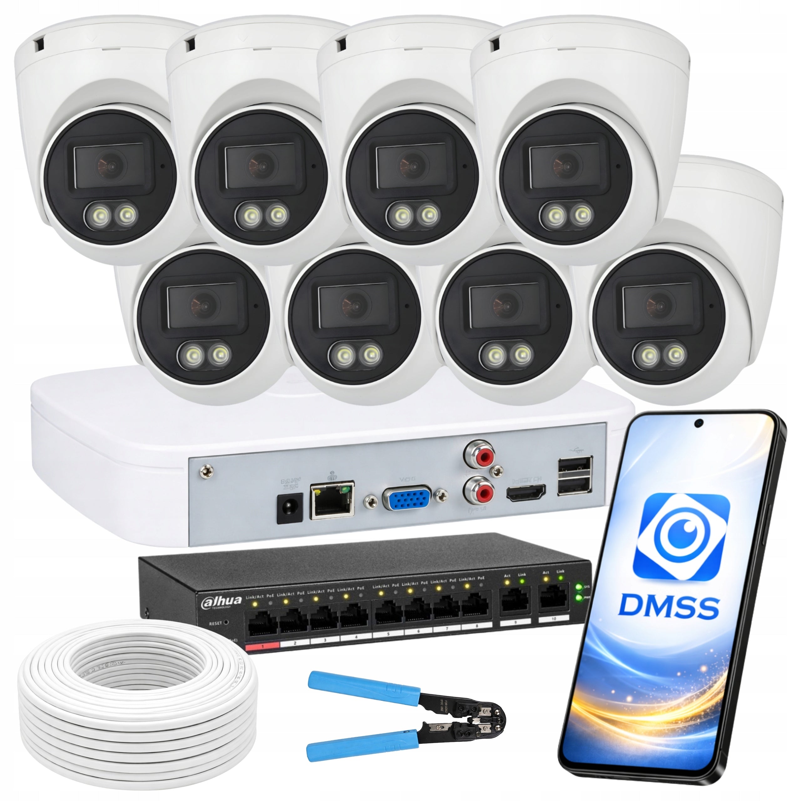 Monitoring Set of 8 PoE IP Cameras 4Mpx 2K Outdoor DOM COMPANY DAHUA IR LED