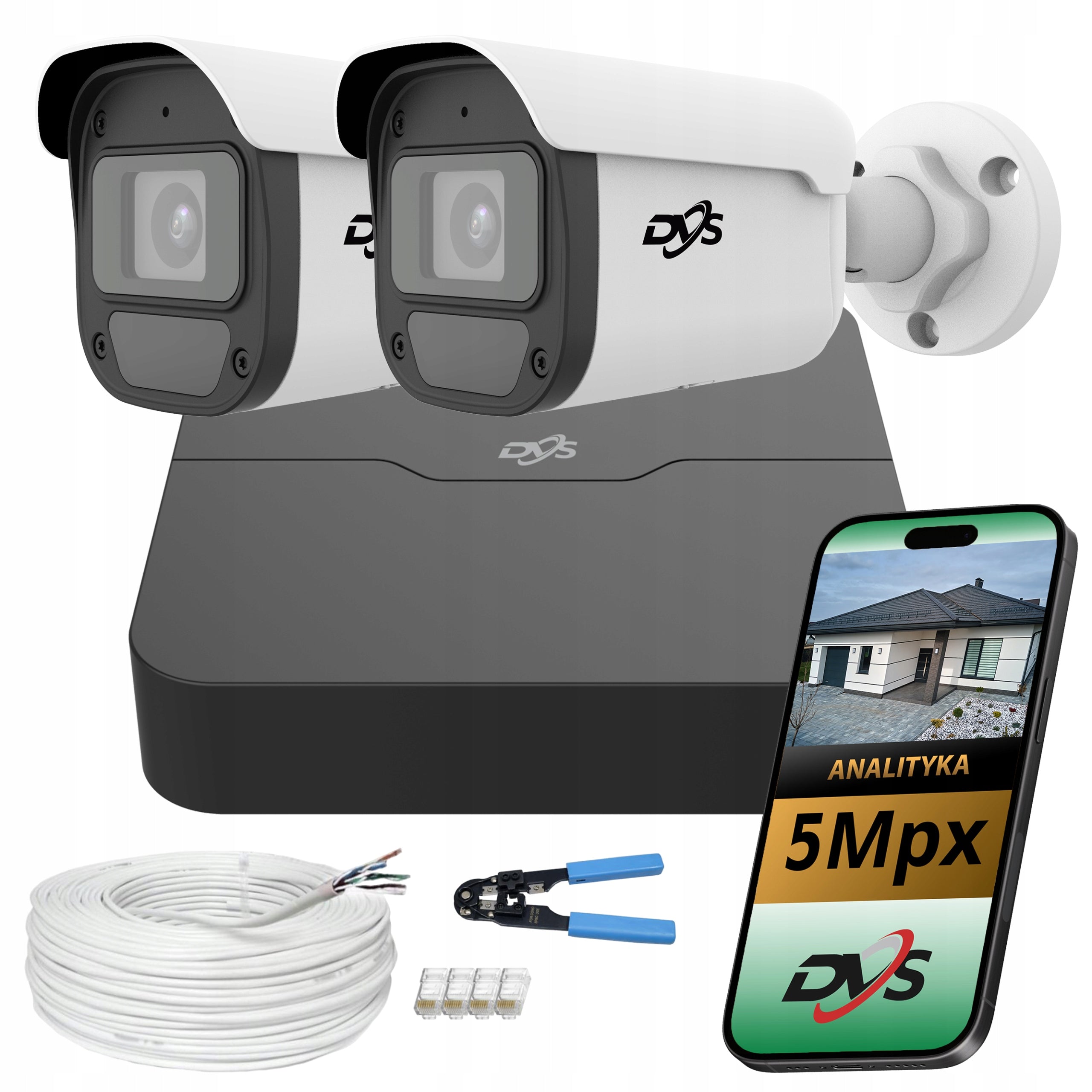 Monitoring kit 2 IP PoE cameras 5Mpx tube for home and apartment AI DVS
