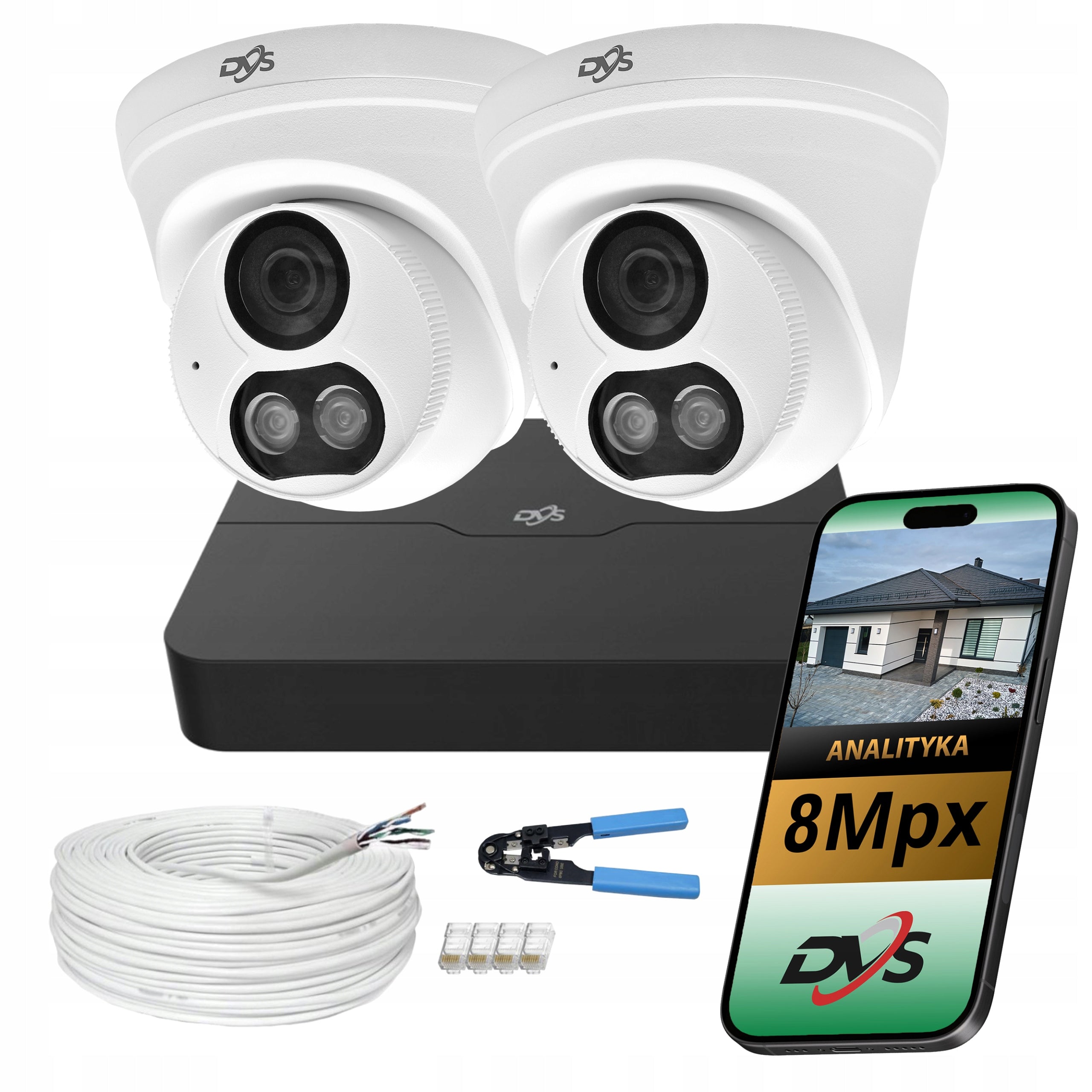 Monitoring kit 2 dome IP PoE cameras 8Mpx 4K Audio detection DVS