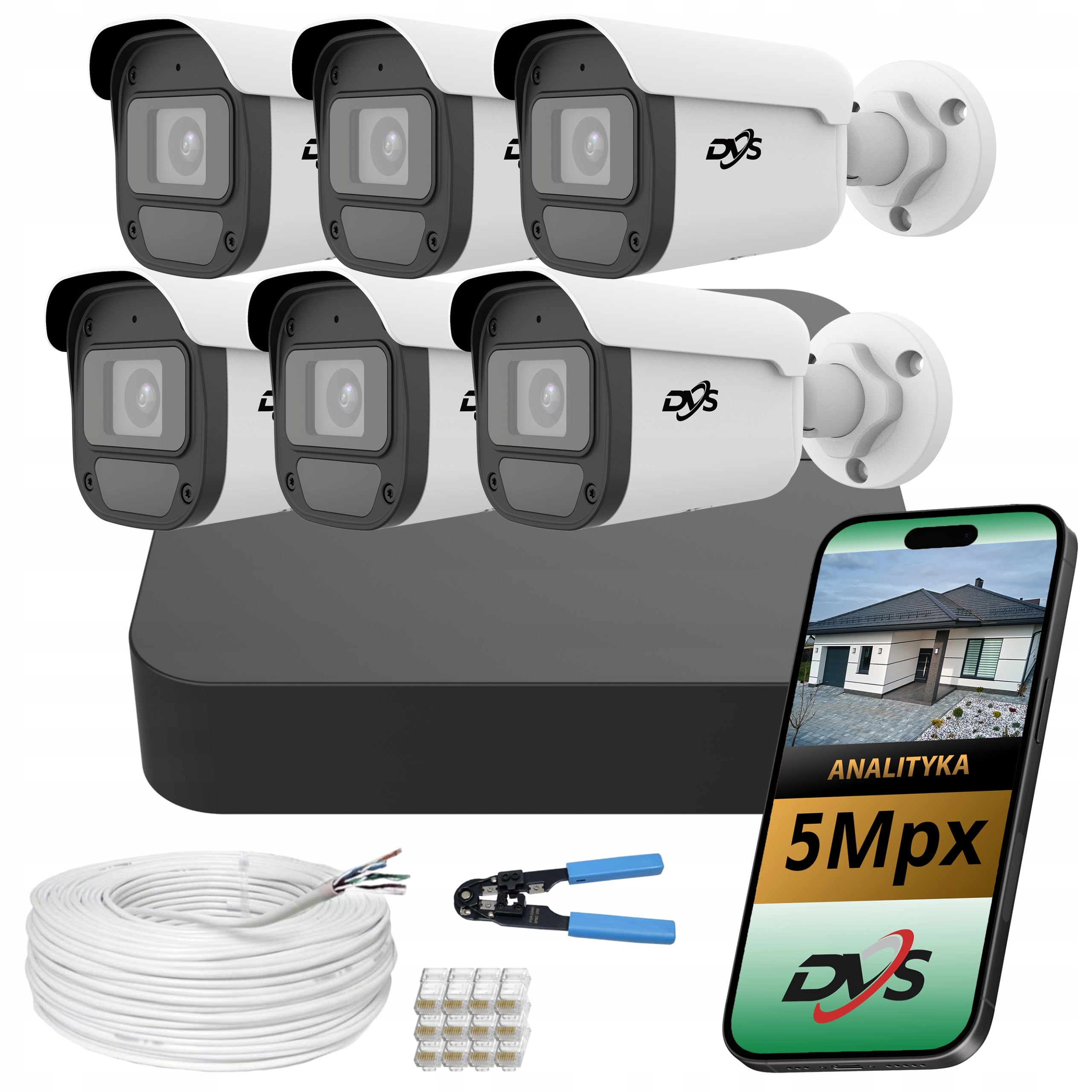 Monitoring kit 6 IP PoE cameras 5Mpx tube company shop office AI DVS