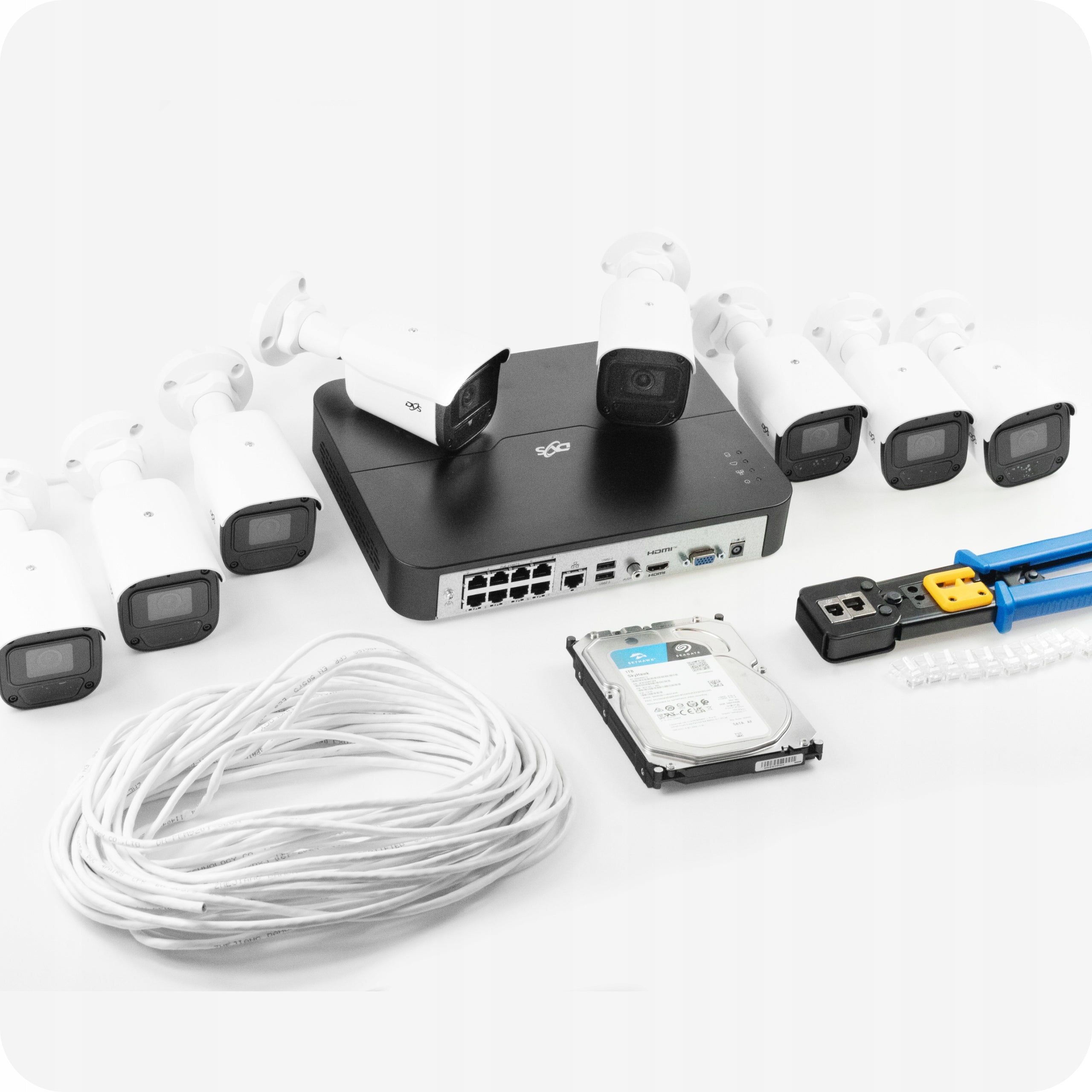 Monitoring kit 8 cameras IP PoE 5Mpx horn drive 1TB hall plant AI DVS Packaging status original