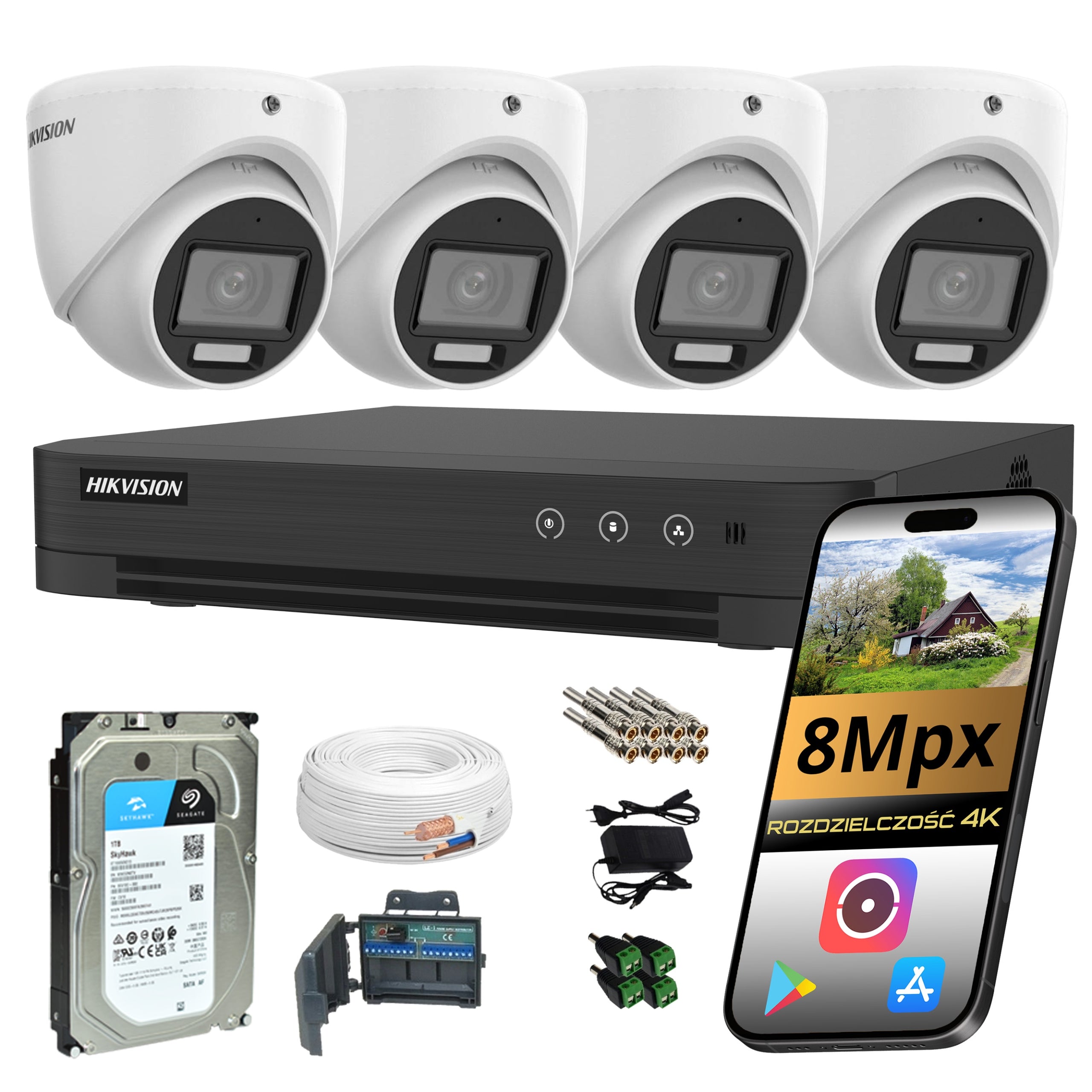 Monitoring kit Hikvision 4 domes 4K 8Mpx IR LED AI AcuSense disk 1TB