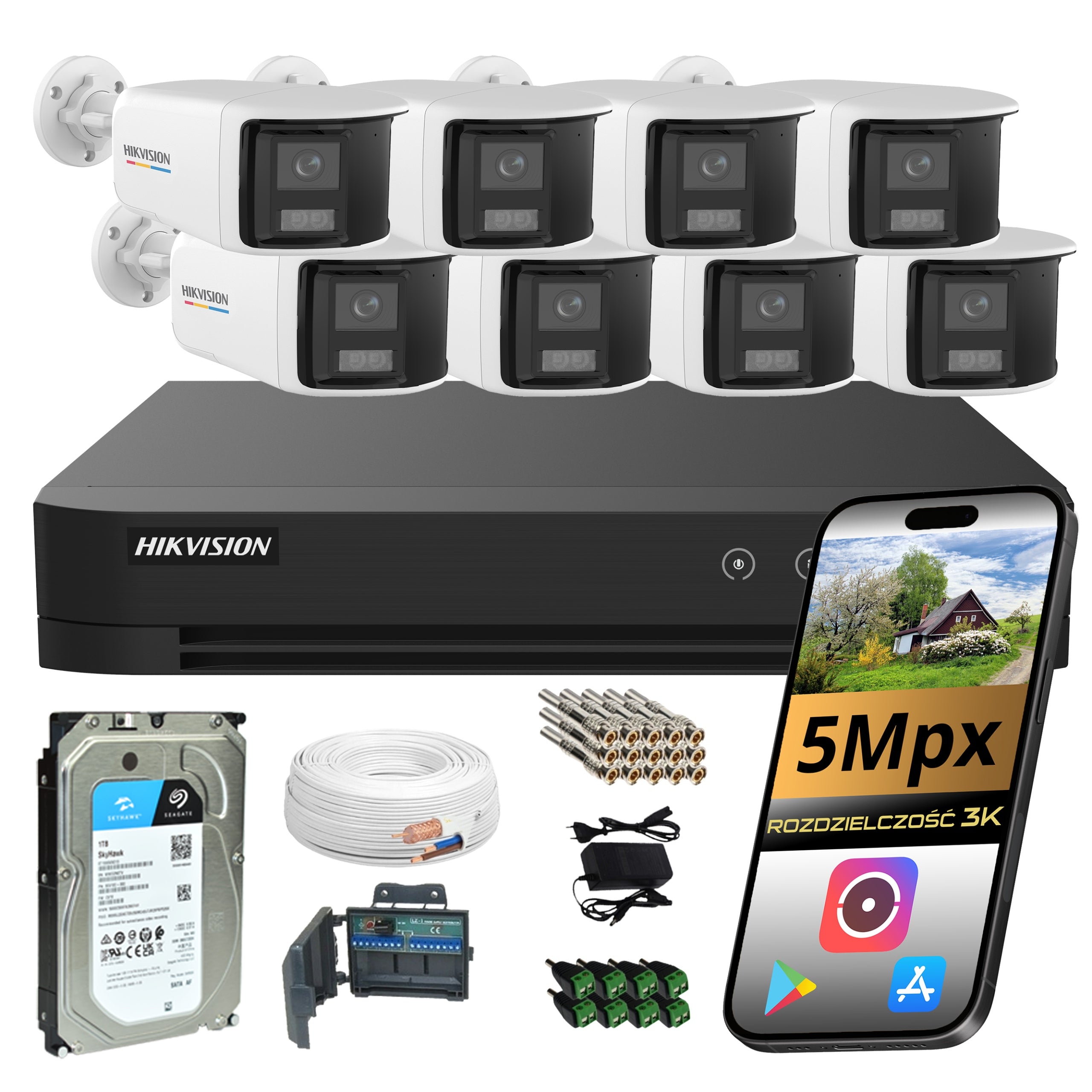 Monitoring set of 8 horn panoramic cameras 180° 5Mpx HIKVISION 1TB