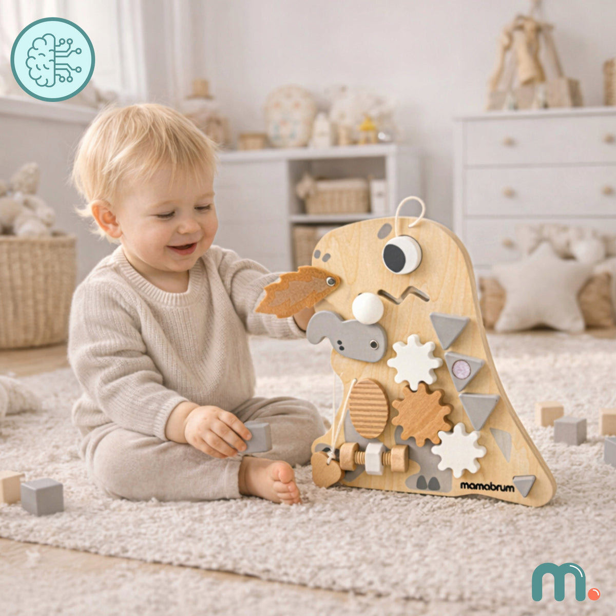 Montessori Manipulation Board 10in1 Wooden Sensory Dinosaur Manufacturer code MAM278 DINO BUSY