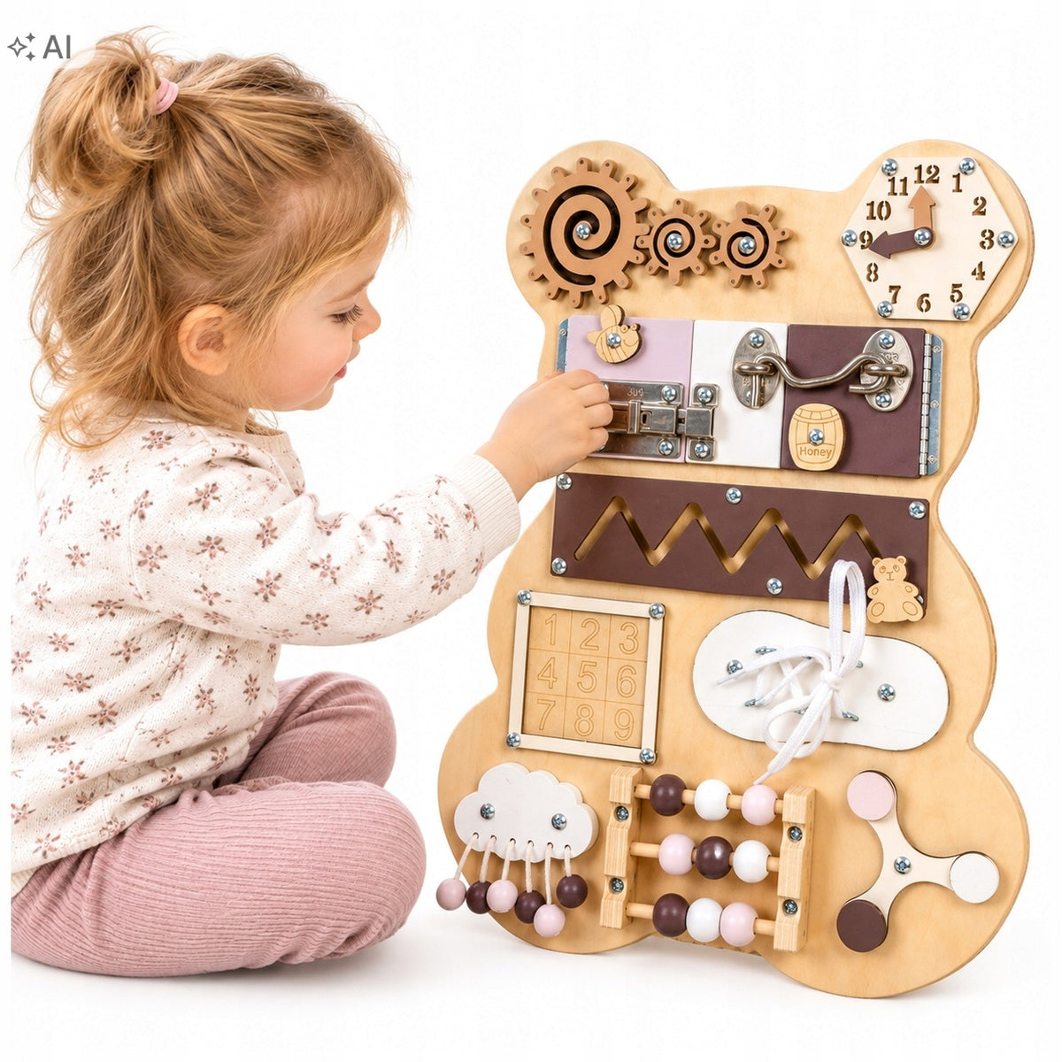 Montessori Manipulation Board Bear Wooden Educational Sensory 10in1