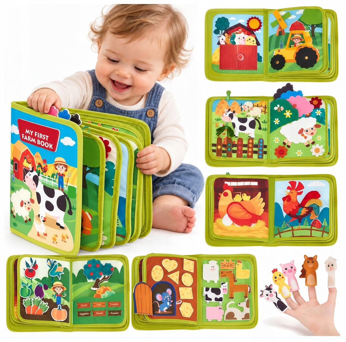 Montessori SENSORY BOOK felt farm 3D, 25 elements, with Velcro