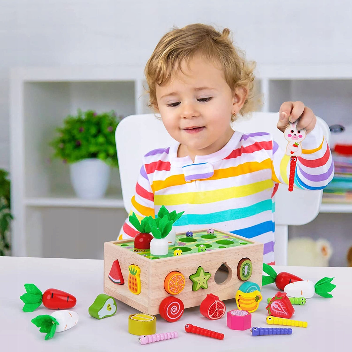 Montessori Sorter Blocks Catch Worm Puzzle Wooden Carrot Stroller Packaging status original