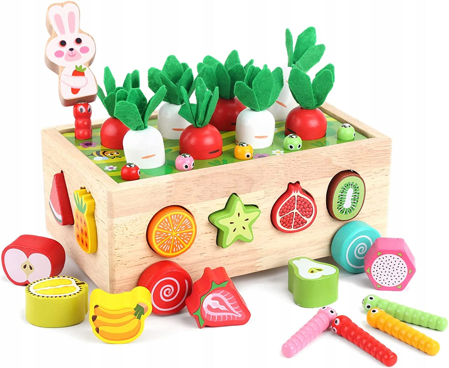 Montessori Sorter Blocks Catch Worm Puzzle Wooden Carrot Stroller