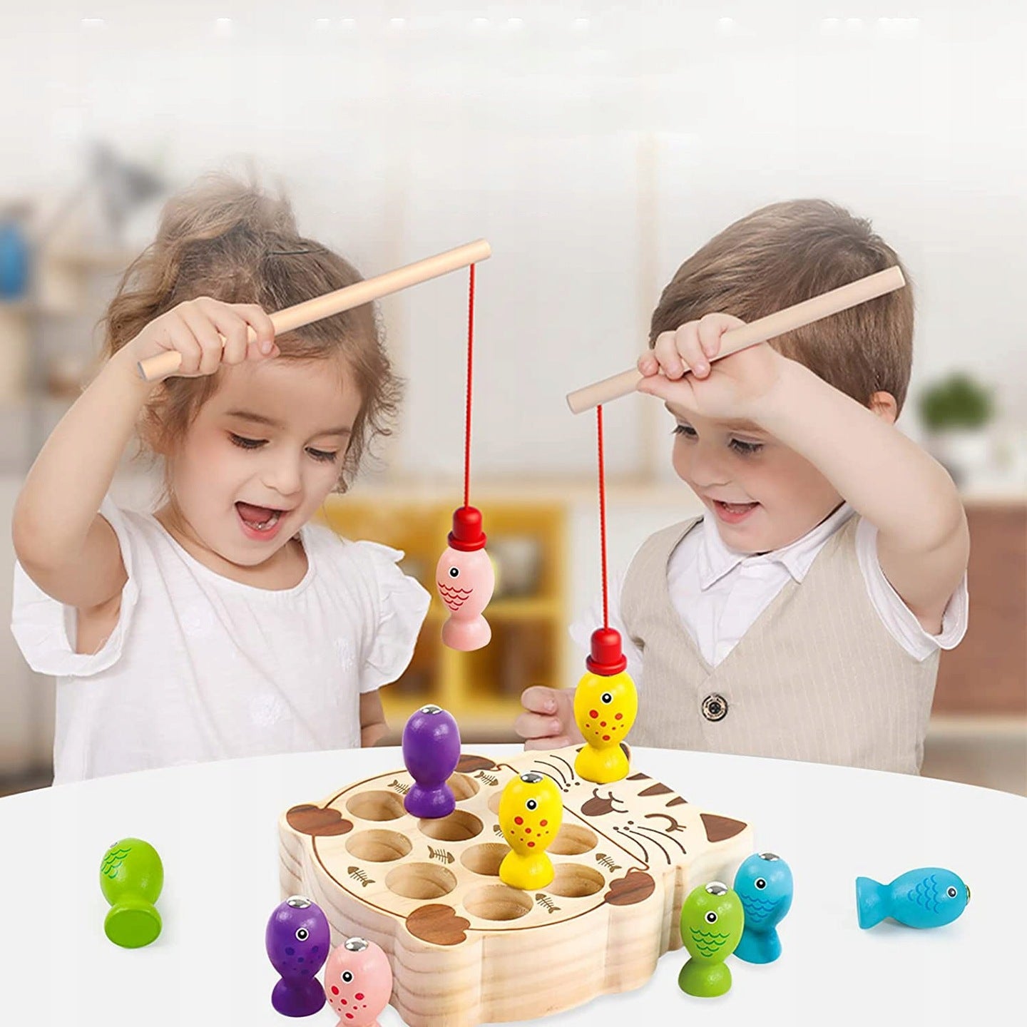Montessori Wooden Kitten Game Catch Fish for Kids Packaging status original