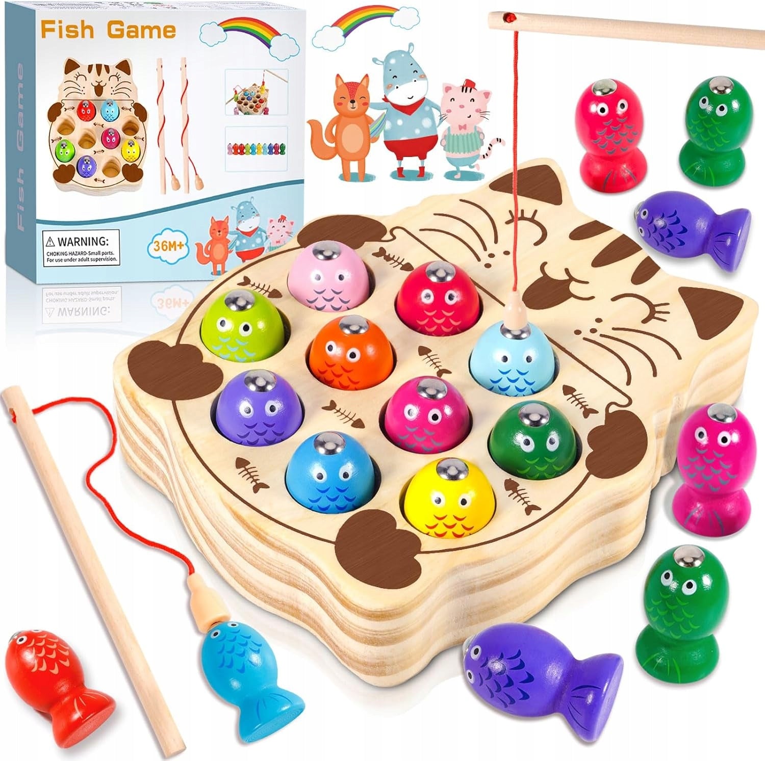 Montessori Wooden Kitten Game Catch Fish for Kids