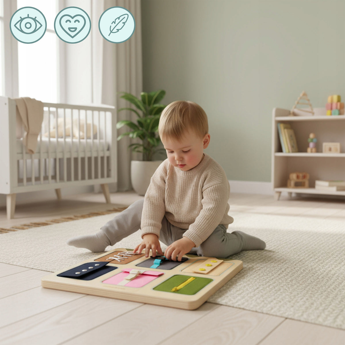 Montessori manipulation board – wooden, learning independence Manufacturer code MAM266 ZIP BOARD